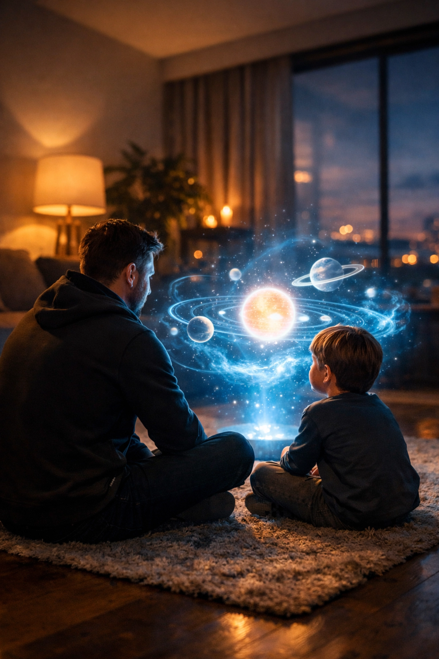 Father and son bonding over sci-fi holograms, dad wearing a premium black movie-themed hoodie.