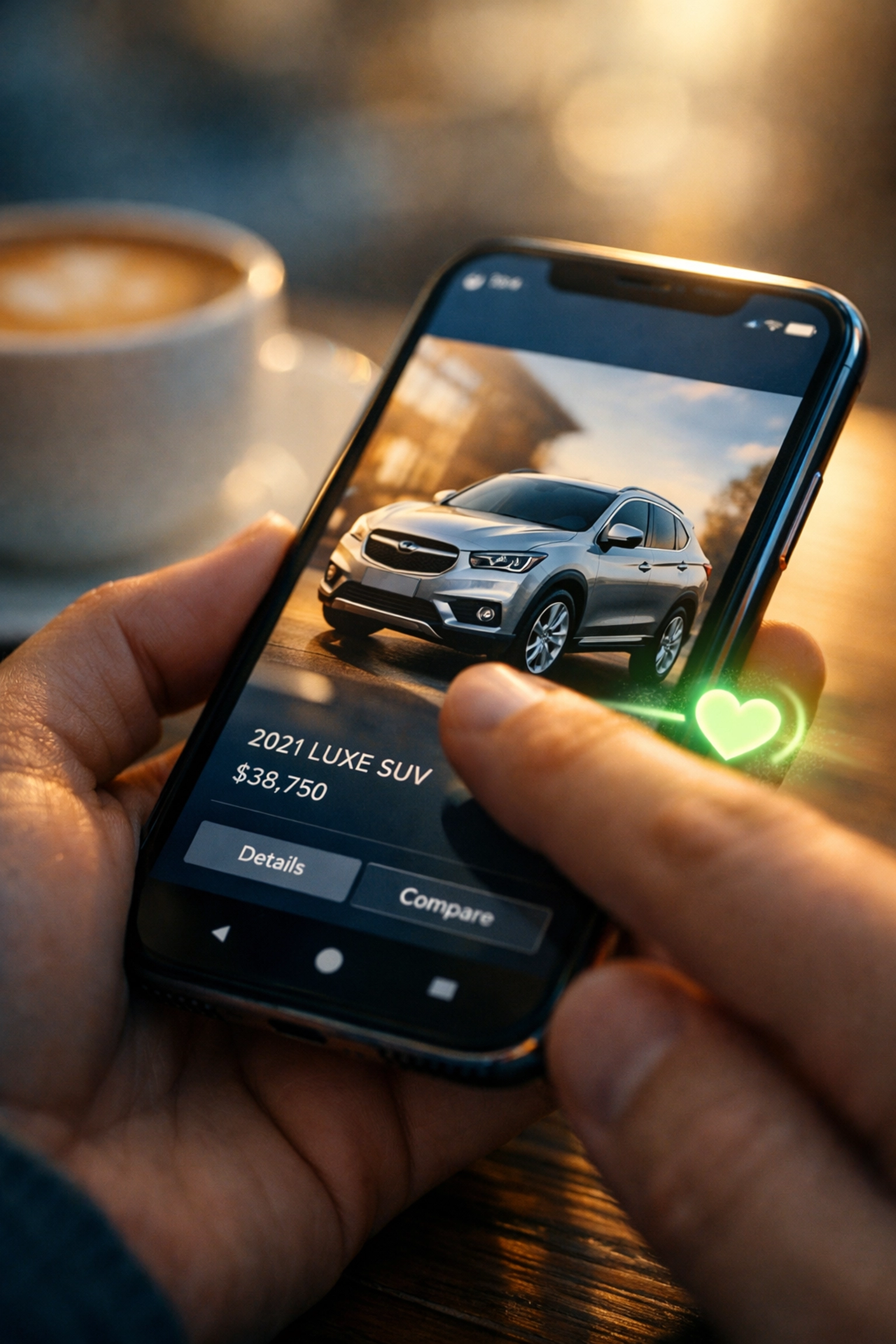Swiping right on Whips car shopping app to match with perfect SUV at coffee shop