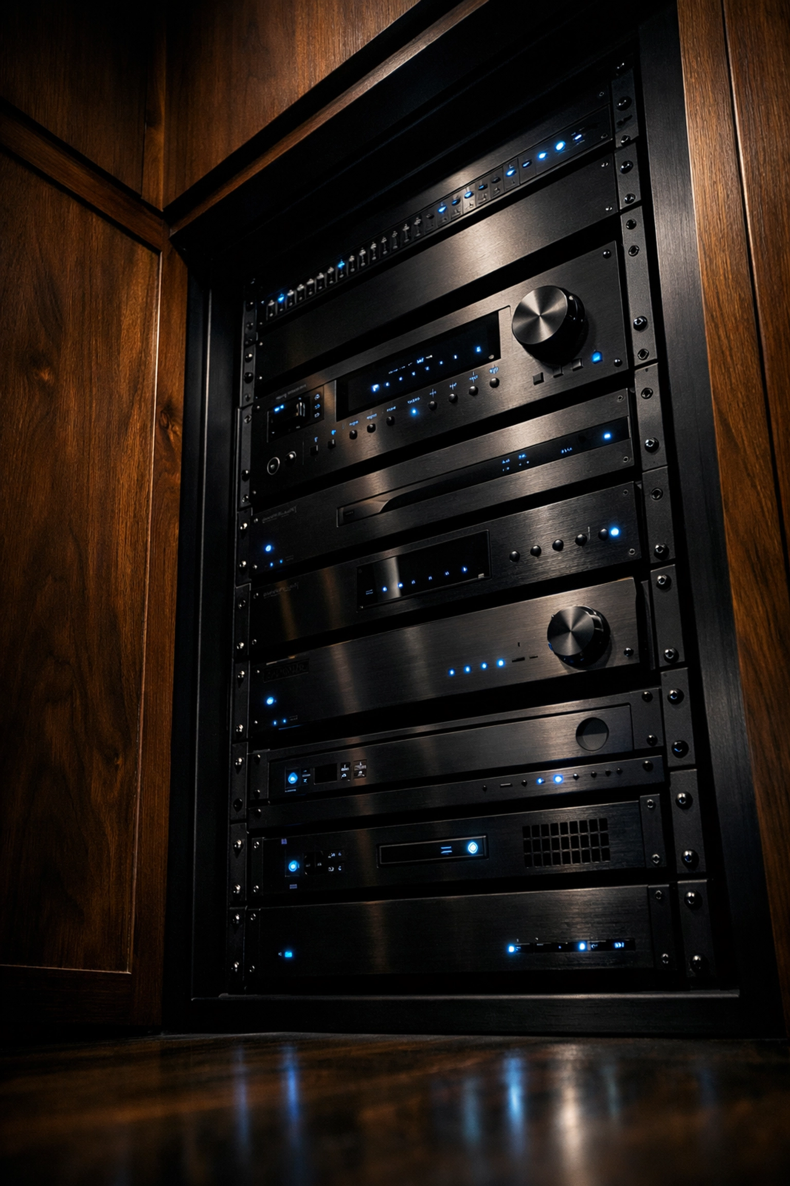 A professional audio video installation rack hidden in a custom cabinet for a clean living room look.