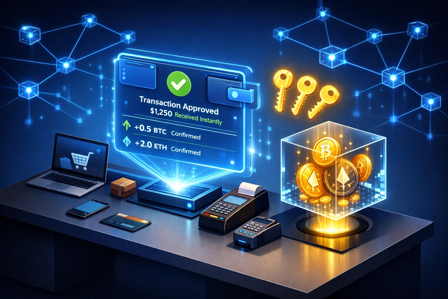 Merchant self-custody crypto wallet with instant blockchain transaction confirmations