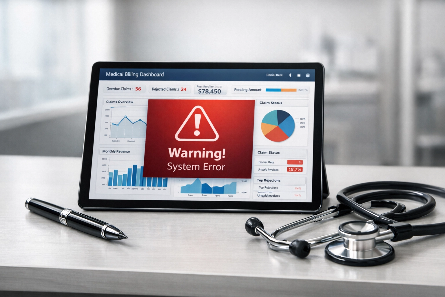 Tablet displaying a medical billing software dashboard with a warning icon in a modern clinic office.