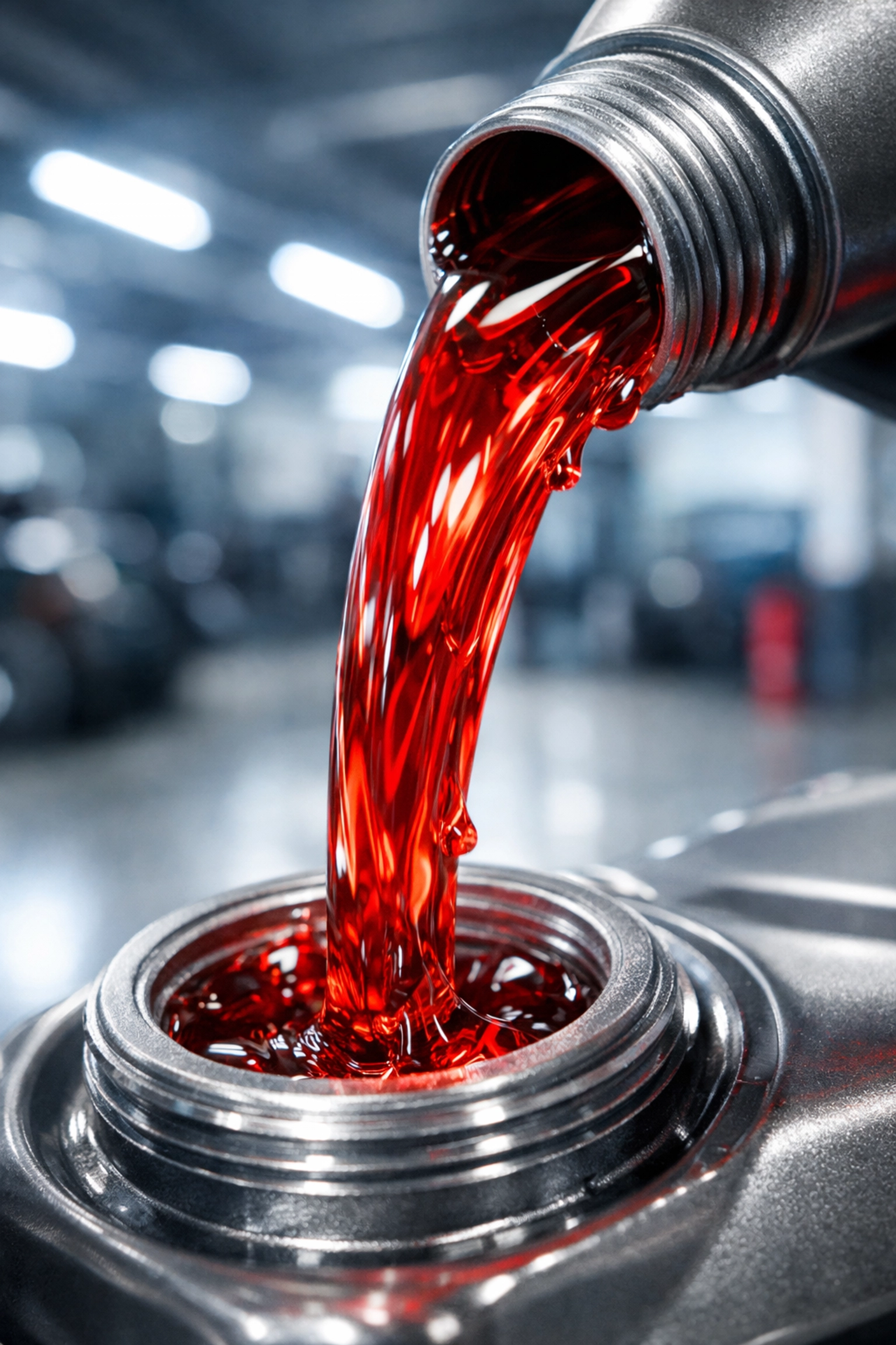 Clean red transmission fluid being poured during a professional fluid flush in a Hamilton auto shop.