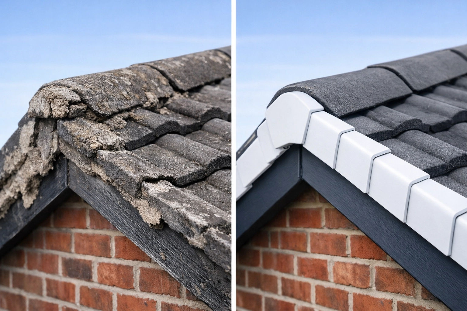 Comparison of cracked mortar verge vs new dry verge system on Belfast roof