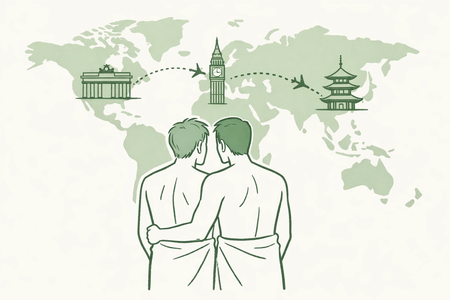 World map showing global gay sauna culture from Berlin to Bangkok with two men exploring connections