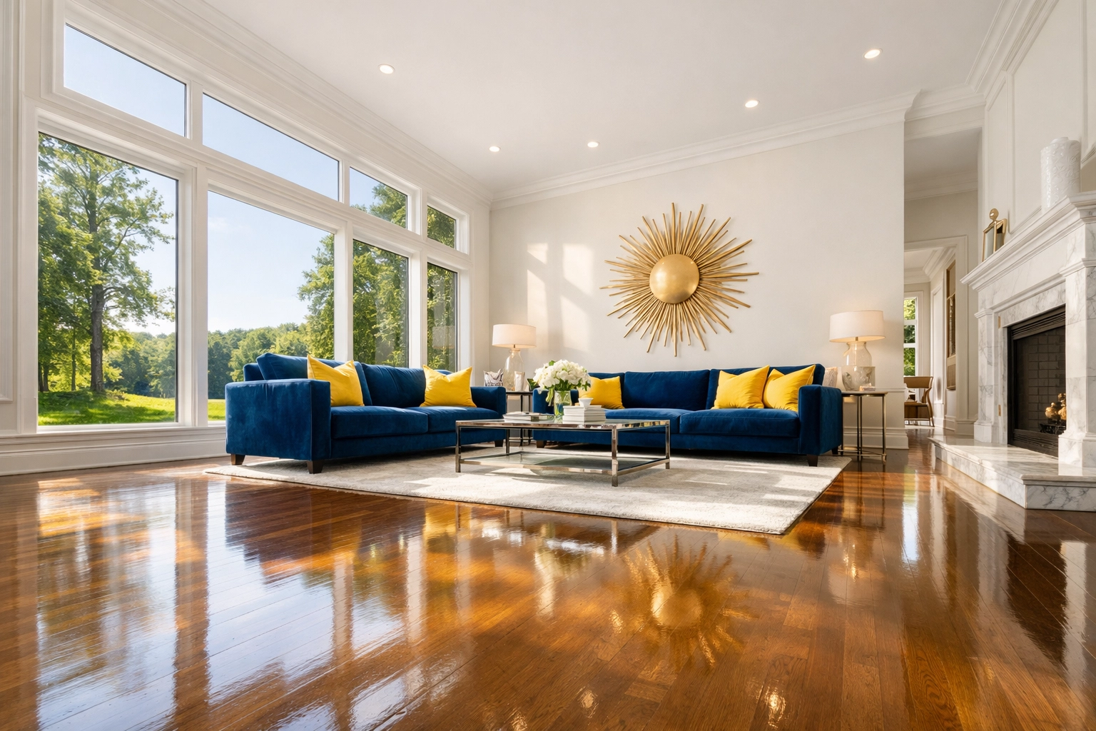 Sun-drenched living room showcasing professional deep cleaning Lincoln results for improved air quality.