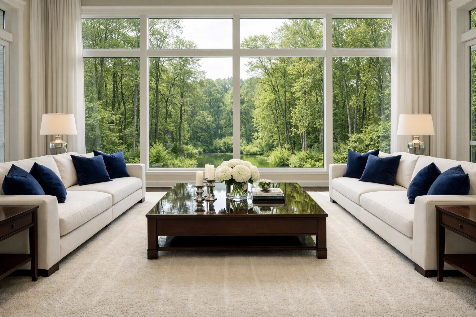 Clean luxury living room in Dover with vacuum lines on rug after expert residential cleaning Massachusetts.