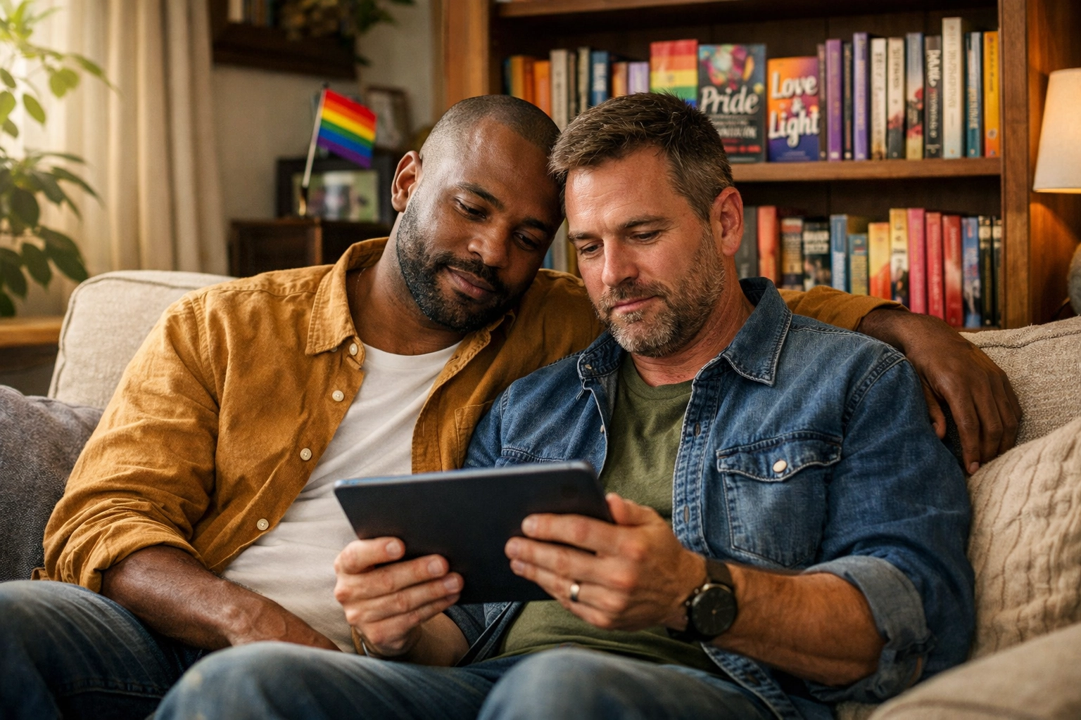A gay couple reading MM romance books and LGBTQ fiction on Read with Pride to honor queer history.