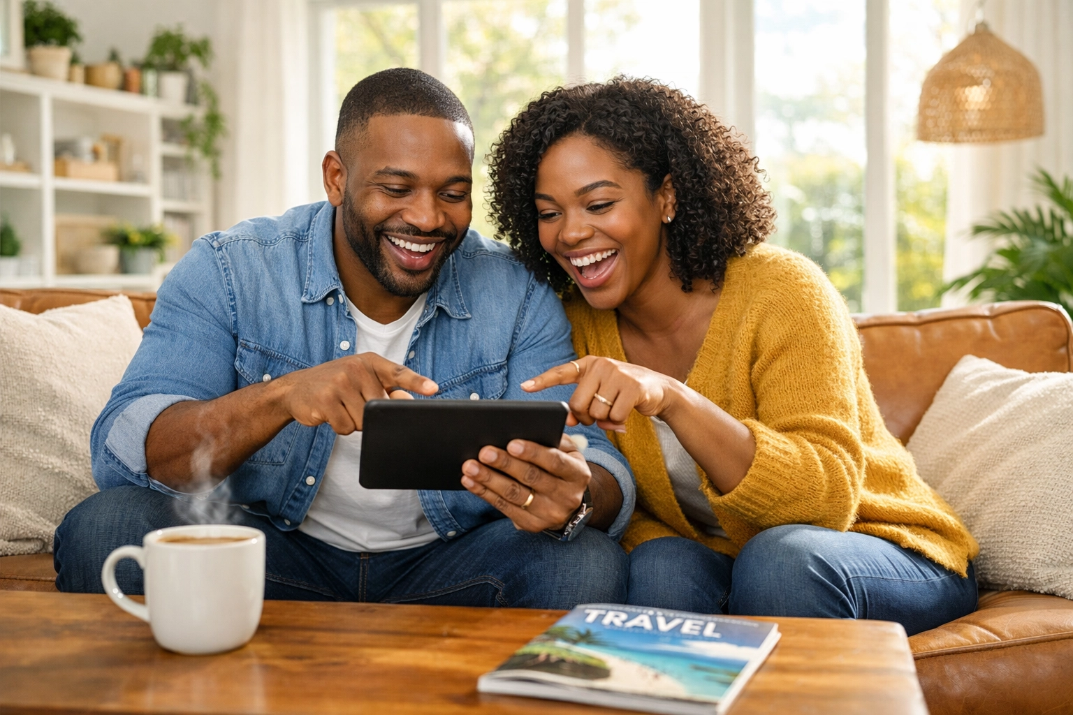 Couple sharing preferences with a personal travel planner while relaxing at home in the morning.
