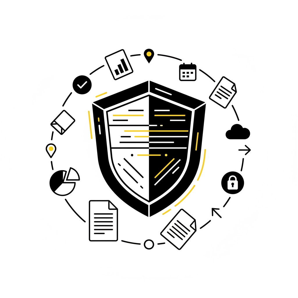 Shield icon surrounded by symbols of charts, documents, cloud, lock, and calendar, set on white background, in black and yellow tones.