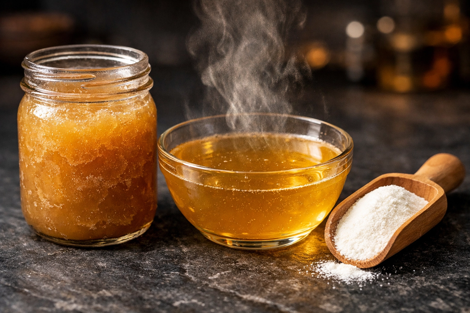 Comparing the texture of gelatinous bone broth, liquid stock, and white collagen peptide powder.