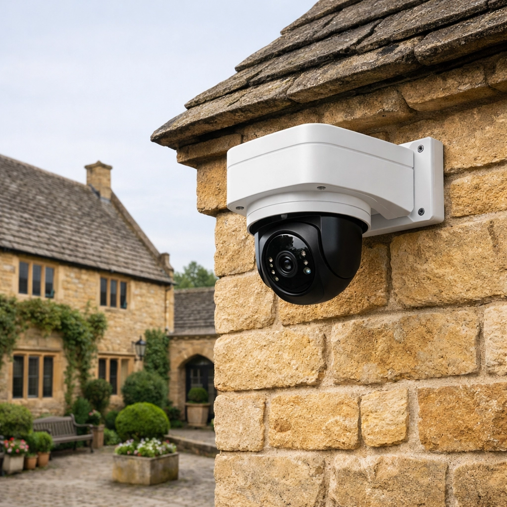 Sleek NVR IP security camera mounted on a traditional Oxford stone building for integrated protection.
