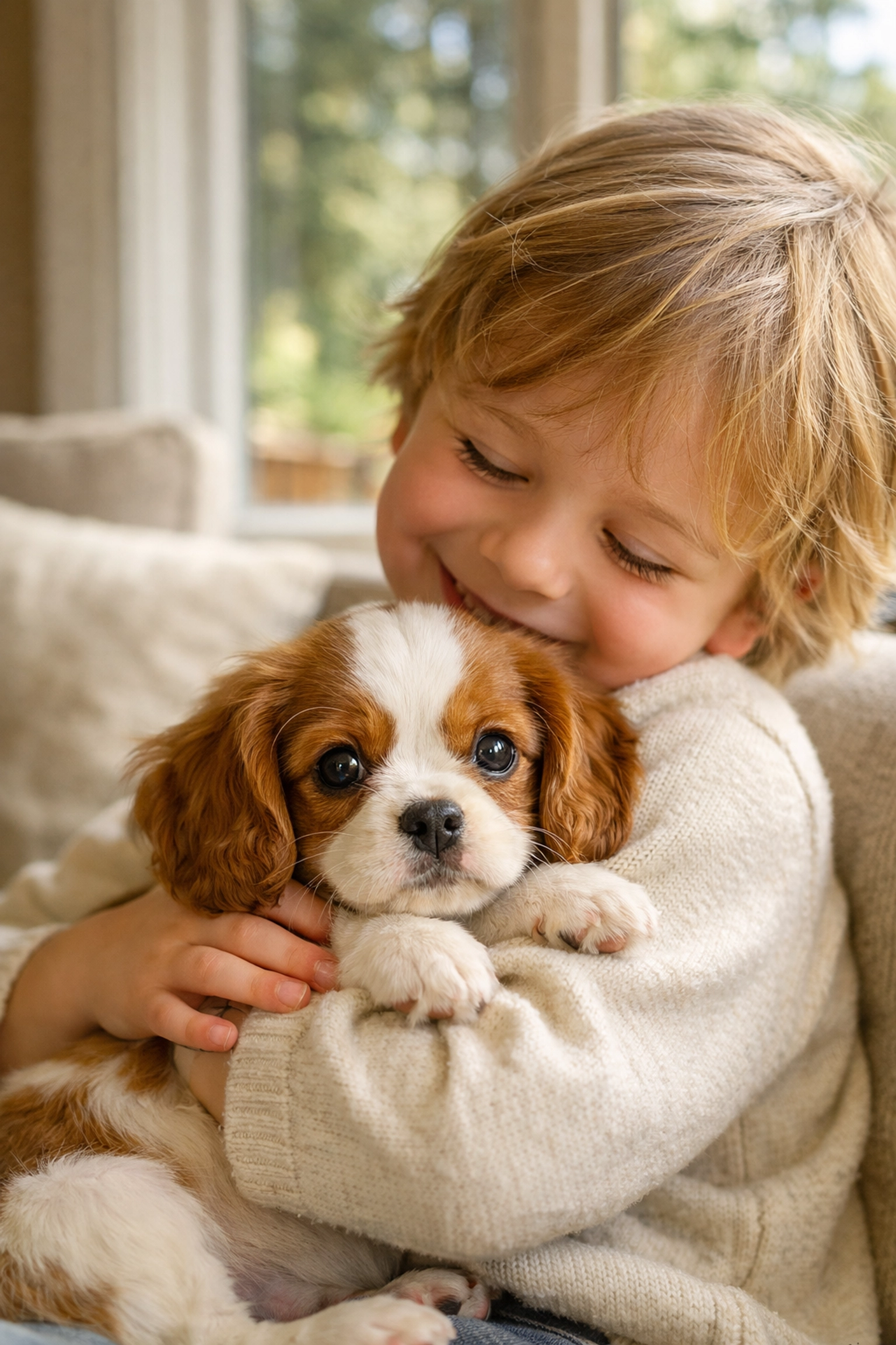 Child cradling a puppy from an AKC Cavalier King Charles Breeder in Boring, Oregon.