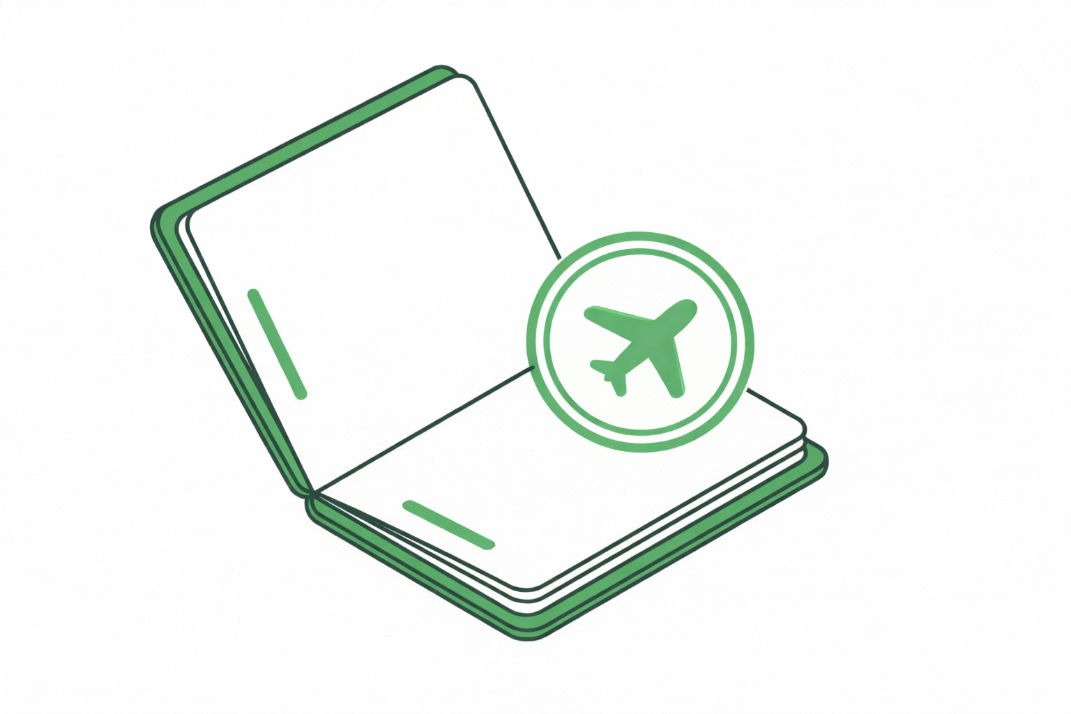 Minimal Refare-style passport with a green savings stamp and airplane icon