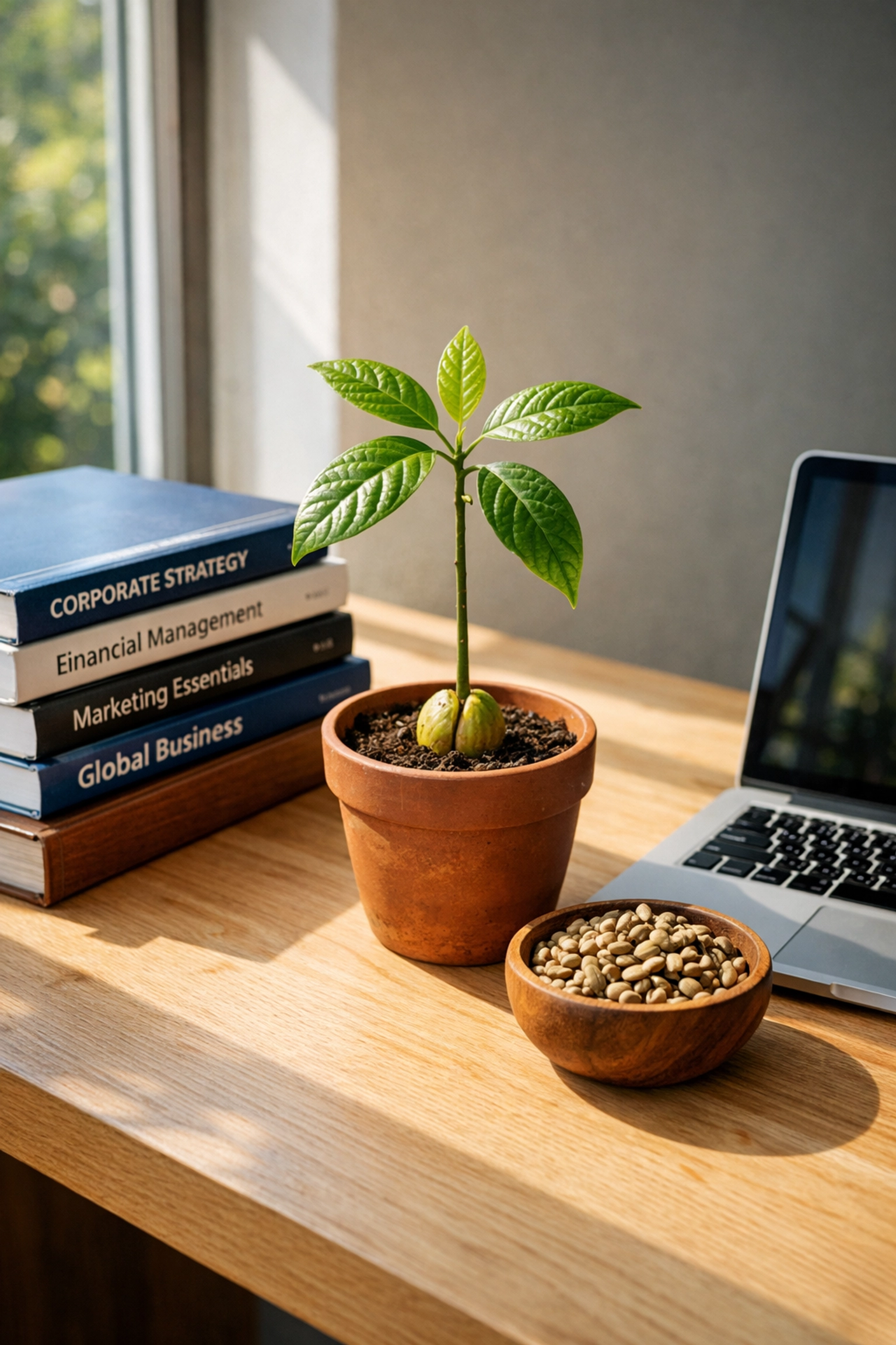 Fachbücher zum Handelsfachwirt neben einem Avocado-Setzling und Kaffeebohnen auf einem Schreibtisch.