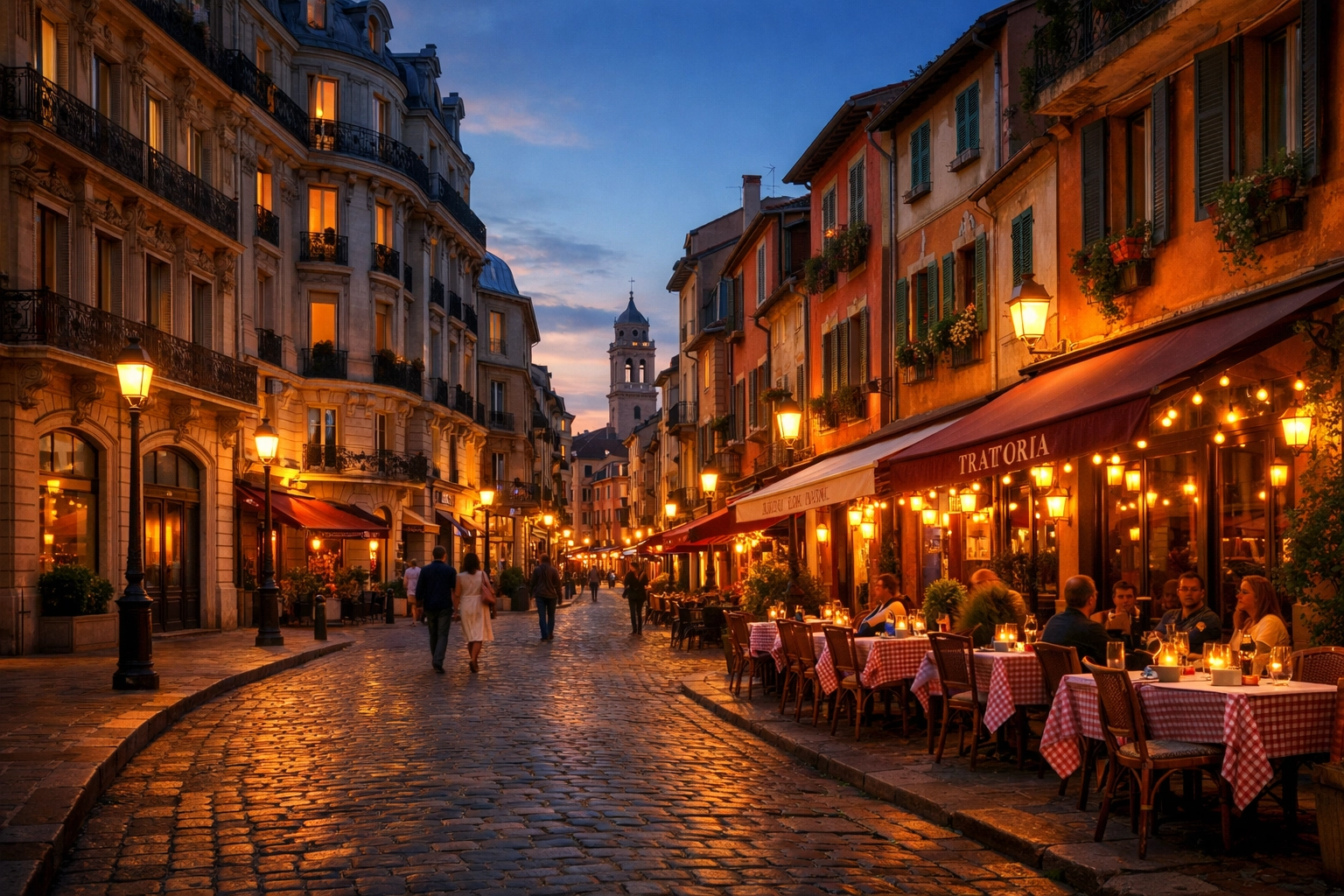 European cobblestone street blending French and Italian architecture at dusk