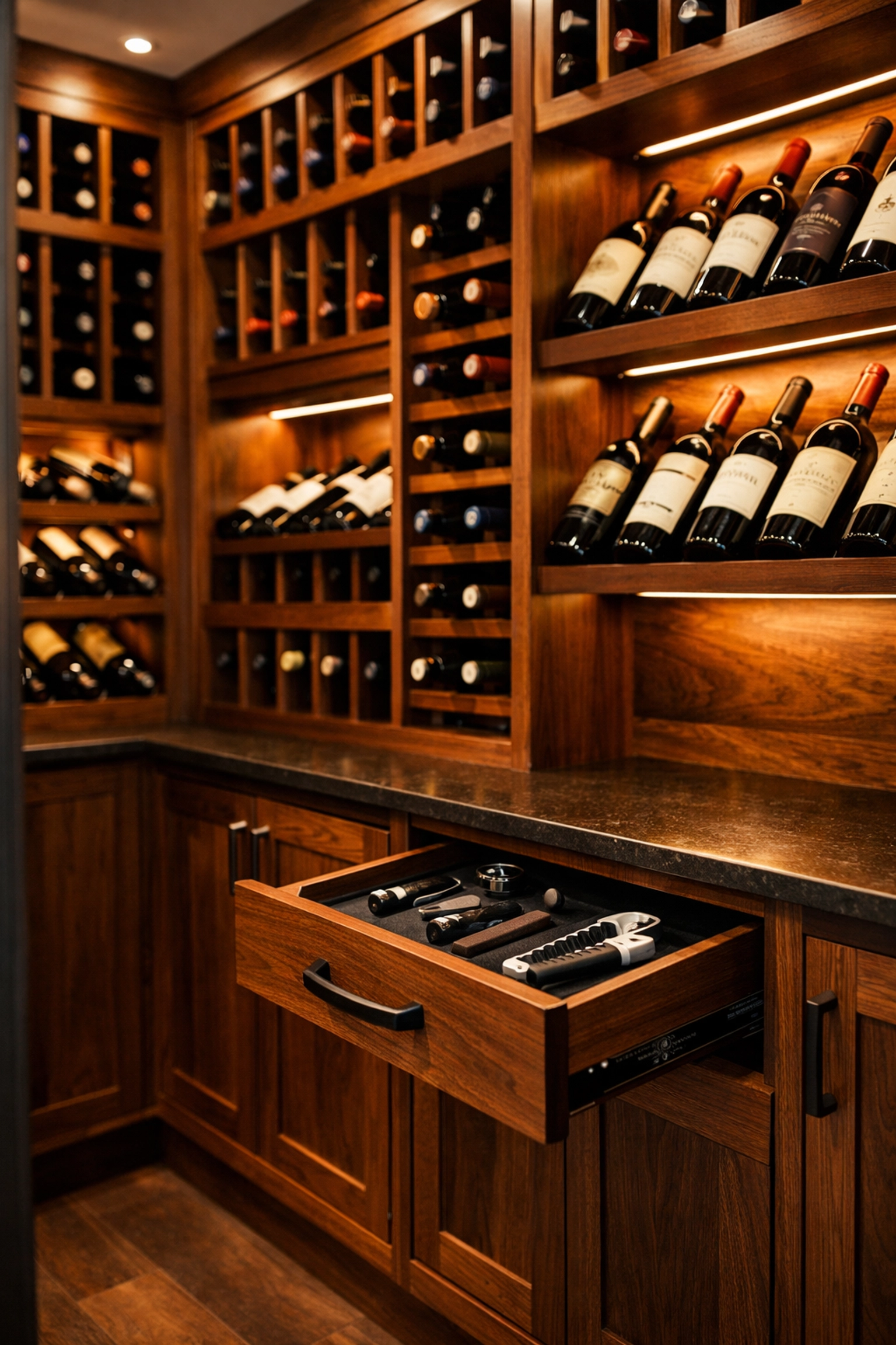 Custom walnut and sapele mahogany wine racking with soft LED lighting and built-in drawers.