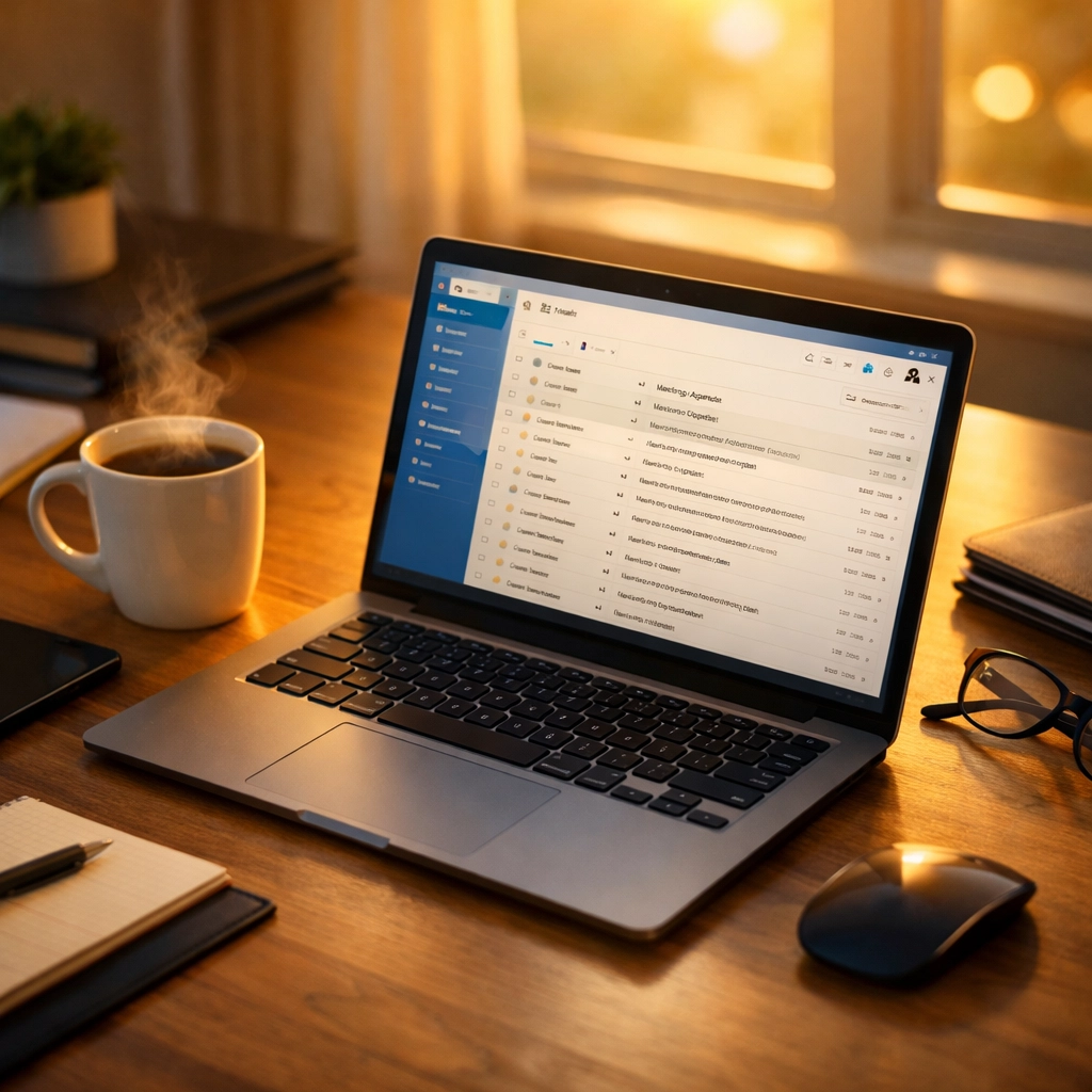 Early morning press release workflow with laptop and coffee at 7AM