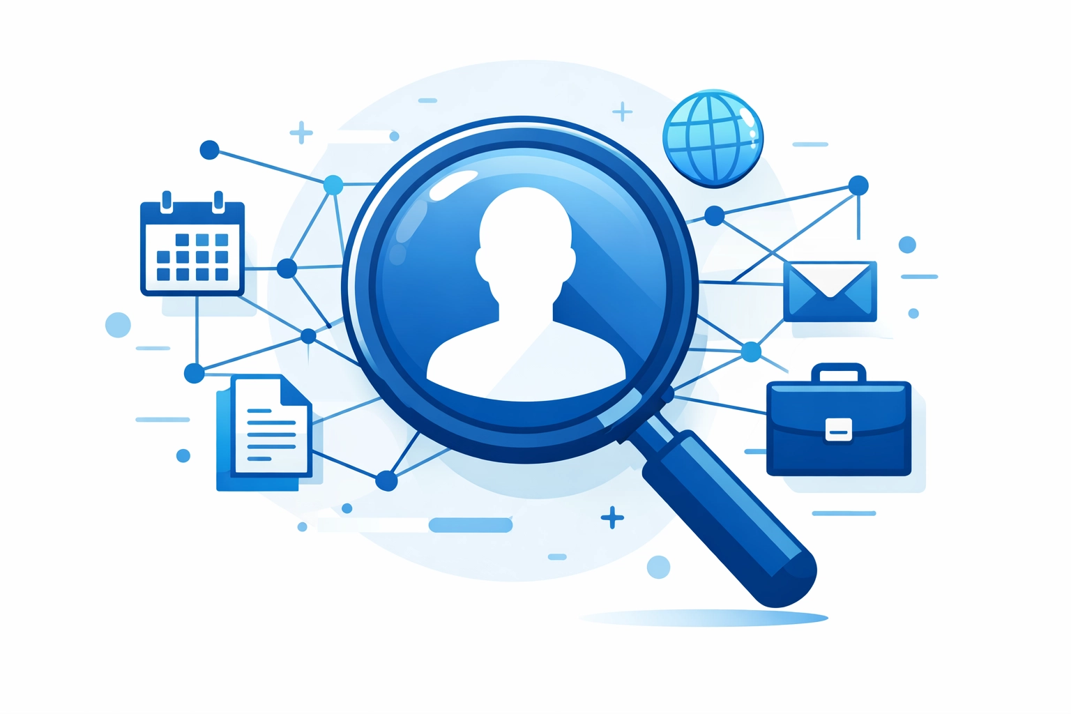Vector illustration of a magnifying glass scanning a digital user profile to represent AI data scraping threats