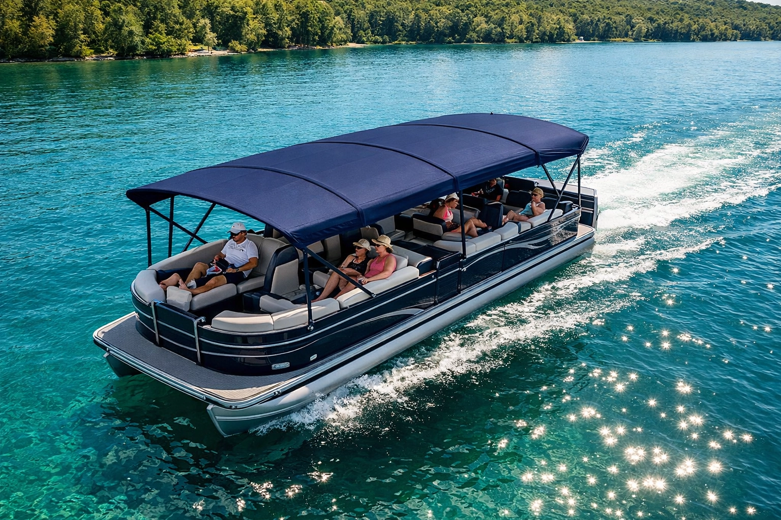 A luxury pontoon boat with a double bimini top canopy for full deck sun protection.