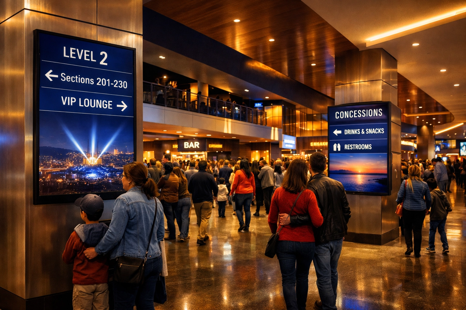 Modern entertainment venue with integrated digital displays providing wayfinding and visitor information