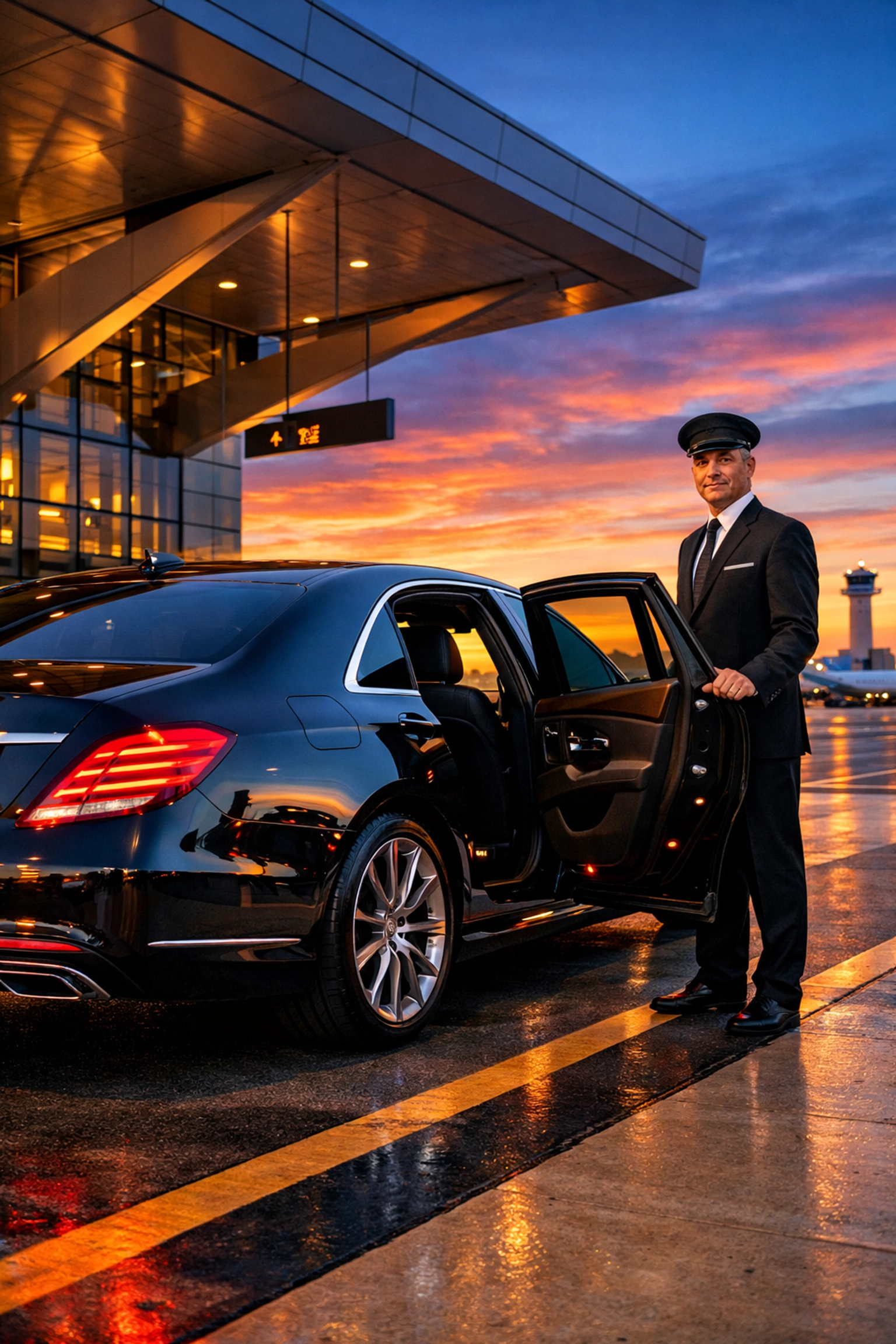 Professional chauffeur with luxury sedan providing airport transfer service UK