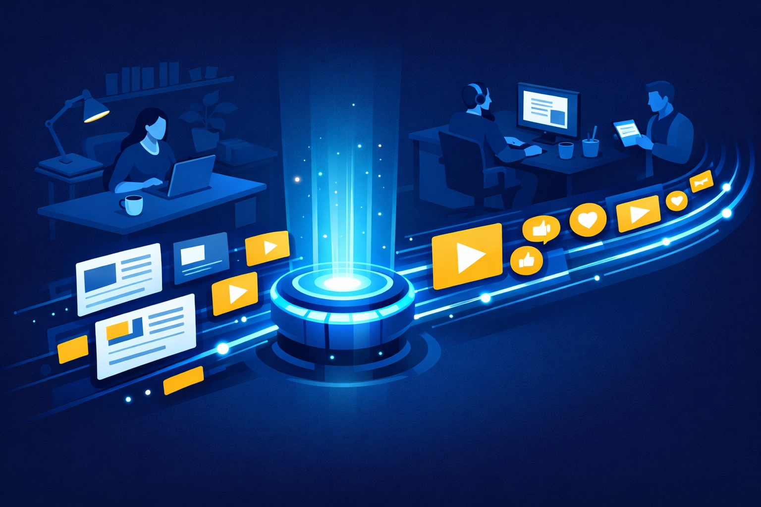 AI-driven digital marketing hub organizing content assets for high-speed business growth.