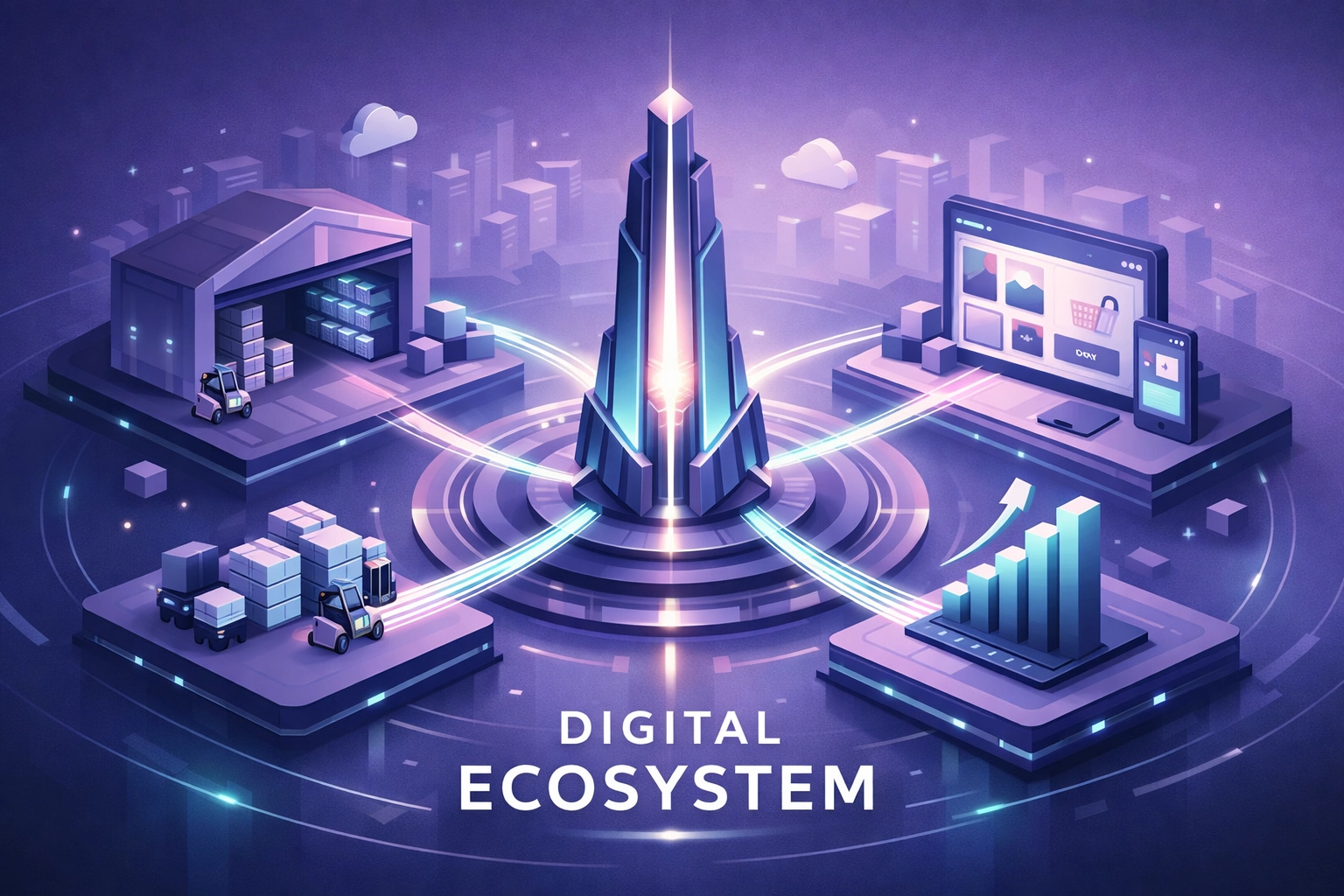 Integrated Shopify ecosystem illustration showing connected warehouse, storefront, and scalable business growth.
