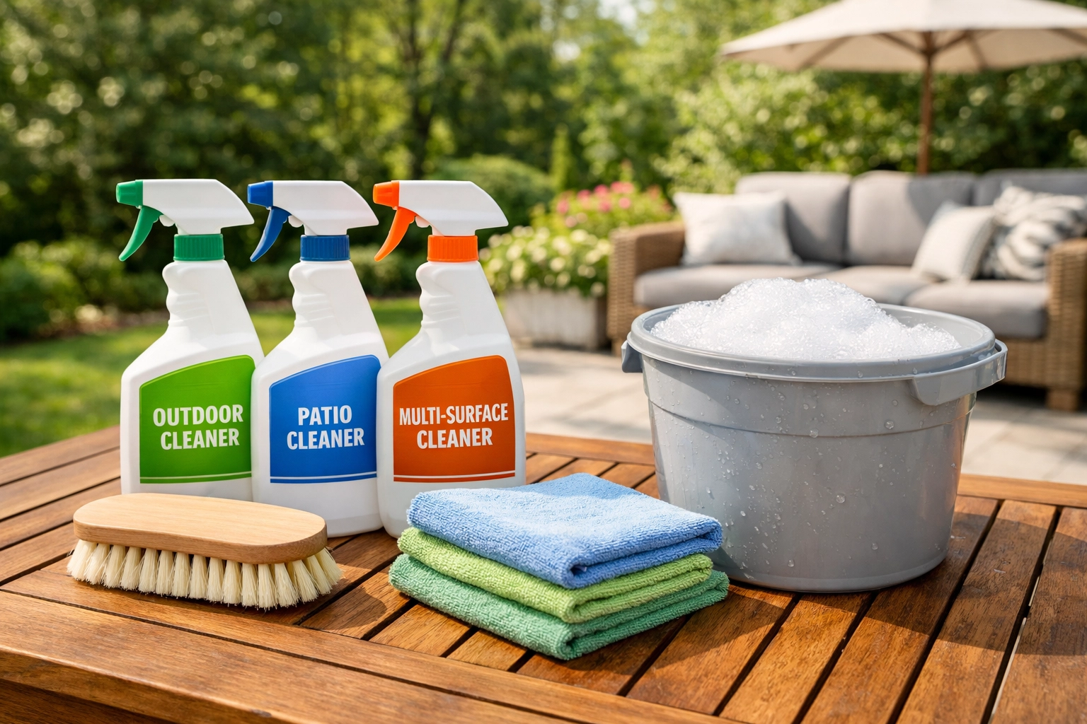 Specialized outdoor cleaning products and brushes ready for patio furniture maintenance.