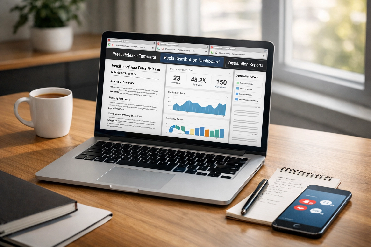 Modern workspace with laptop displaying press release automation templates and distribution dashboards