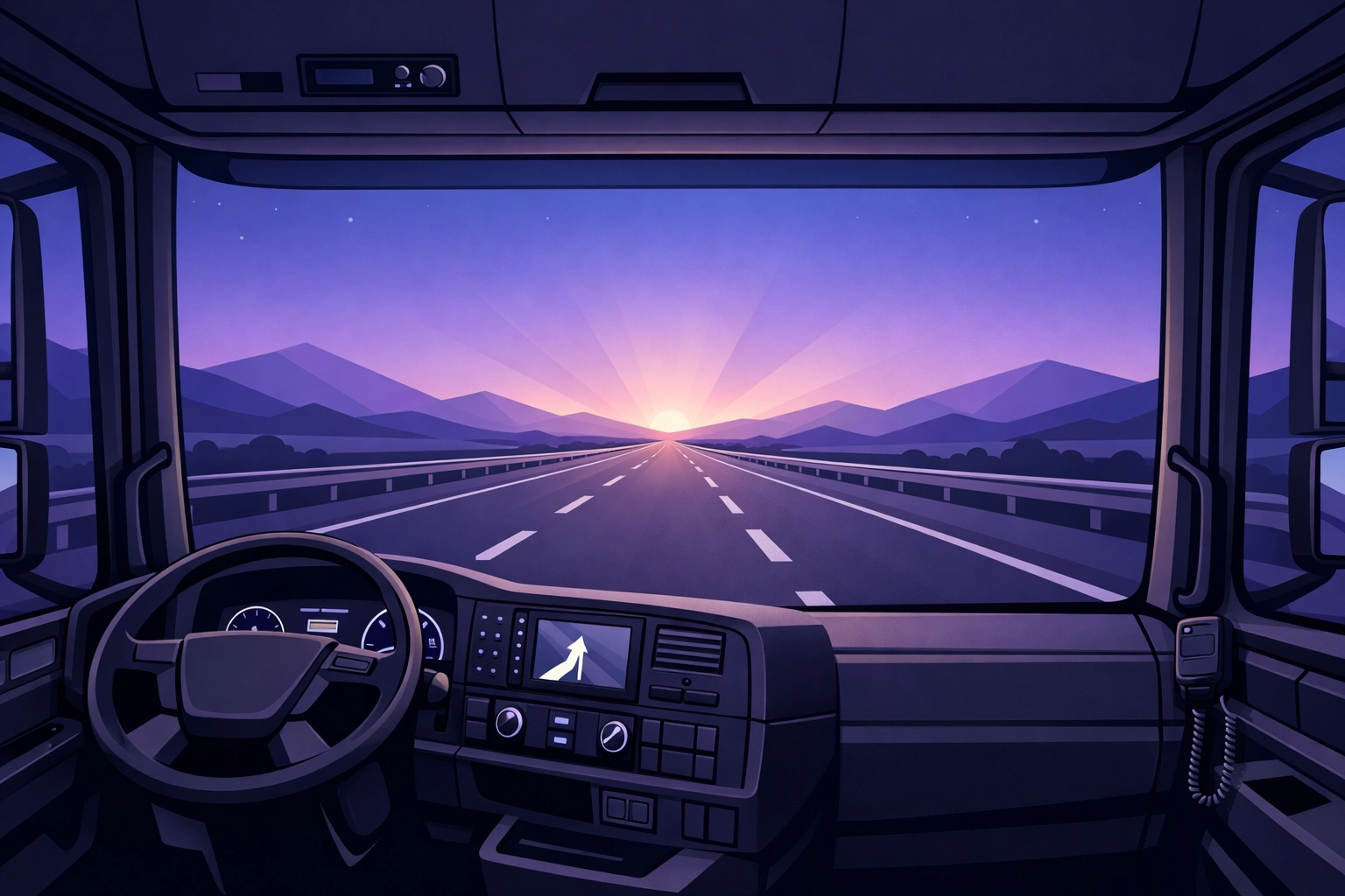 HGV driver cab view of open road representing career growth through a logistics recruitment agency.