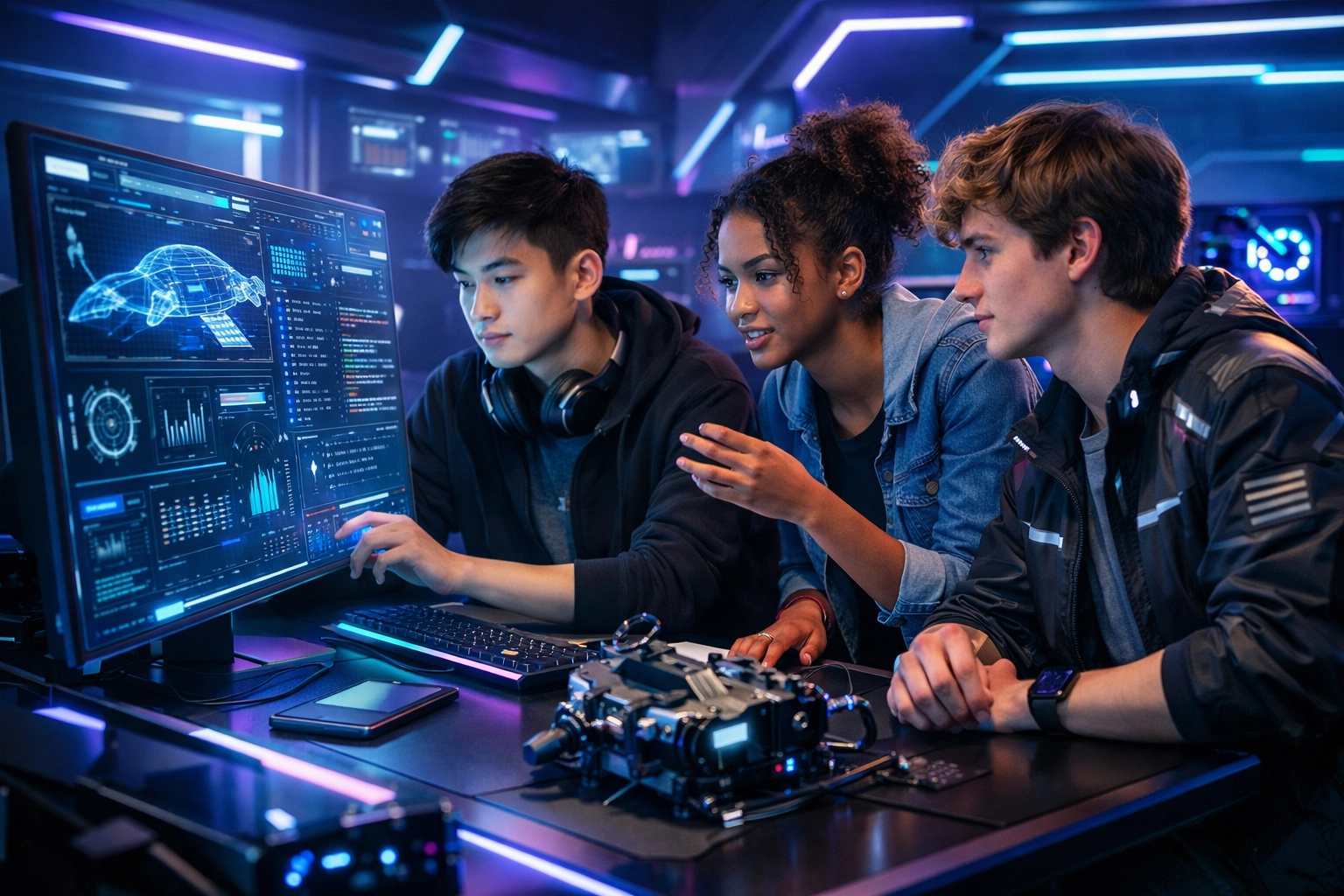 Students collaborating on high-tech simulations in an EsportsPod lab for workforce development.