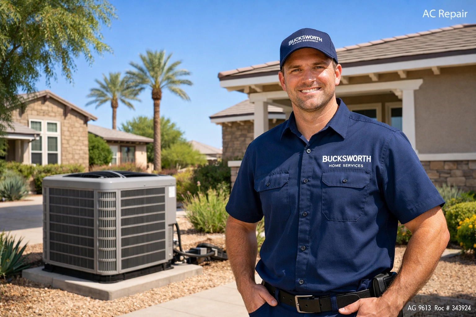 Bucksworth technician providing honest AC repair and cooling solutions in a Marley Park neighborhood in Surprise AZ.