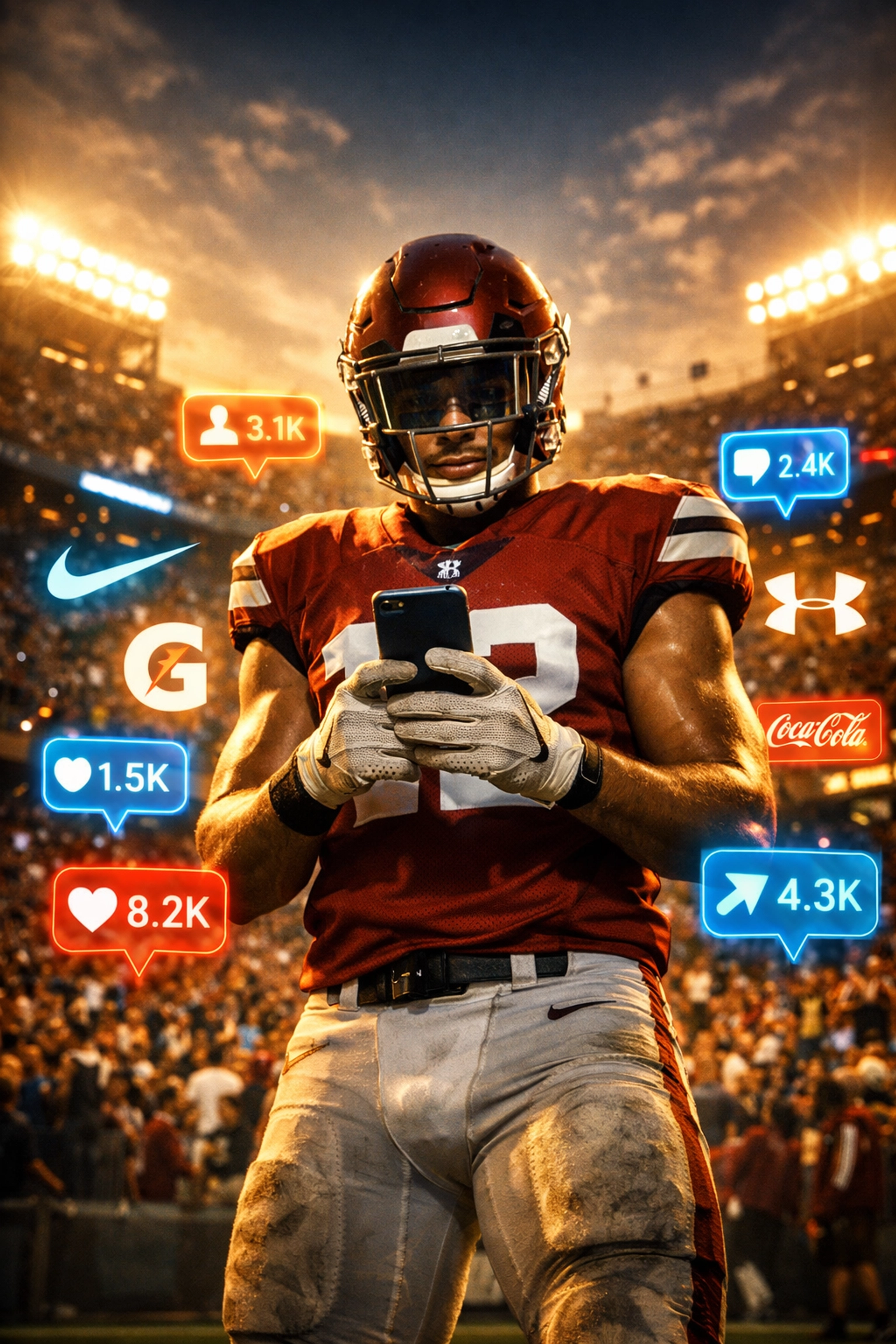 College athlete using smartphone for NIL brand partnerships during Super Bowl 2026 season