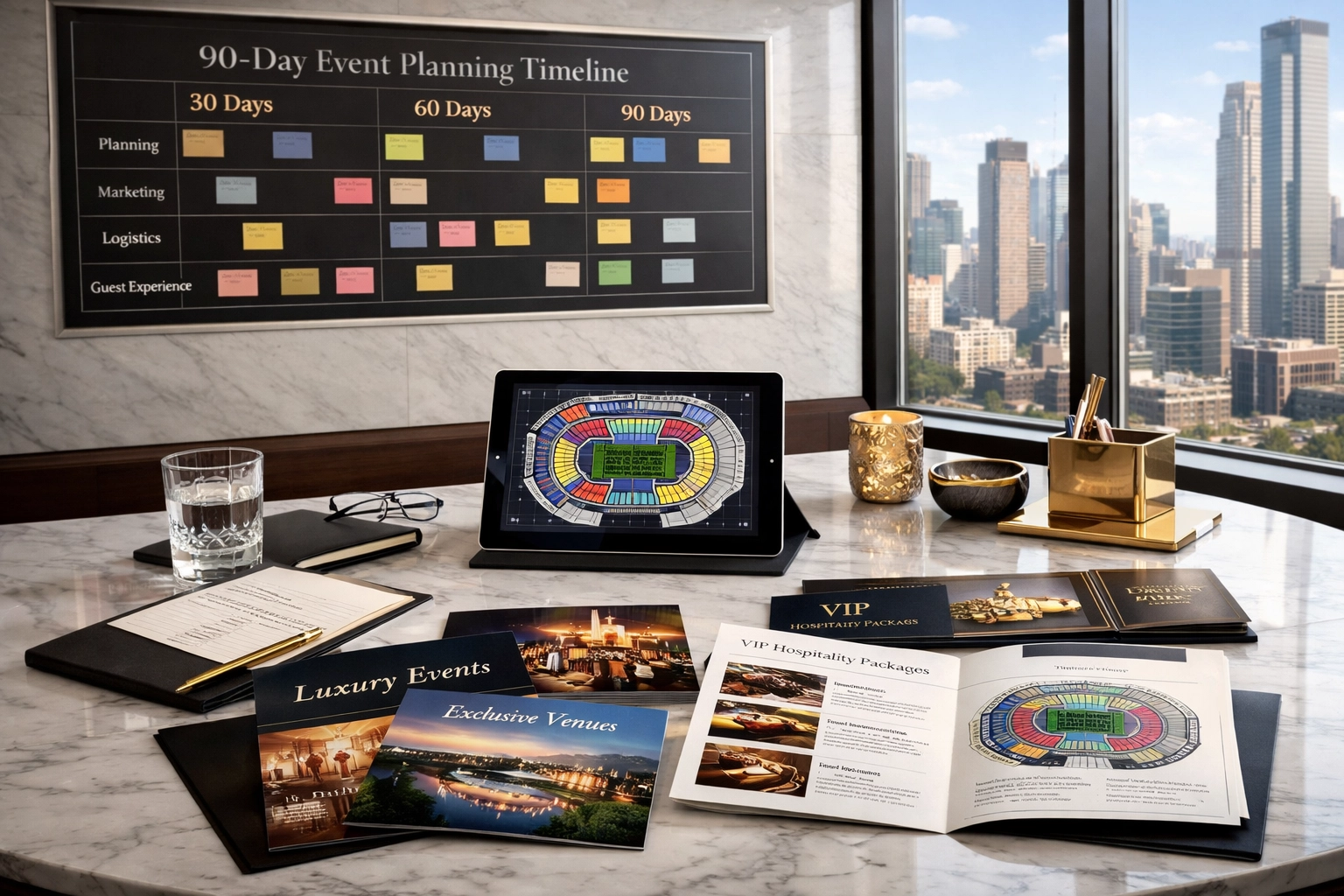 The First-Timer's Guide to Super Bowl Corporate Hosting: Your 90-Day Preparation Checklist for Maximum Brand Impact Corporate event planning workspace with 90-day Super Bowl timeline and premium hospitality materials