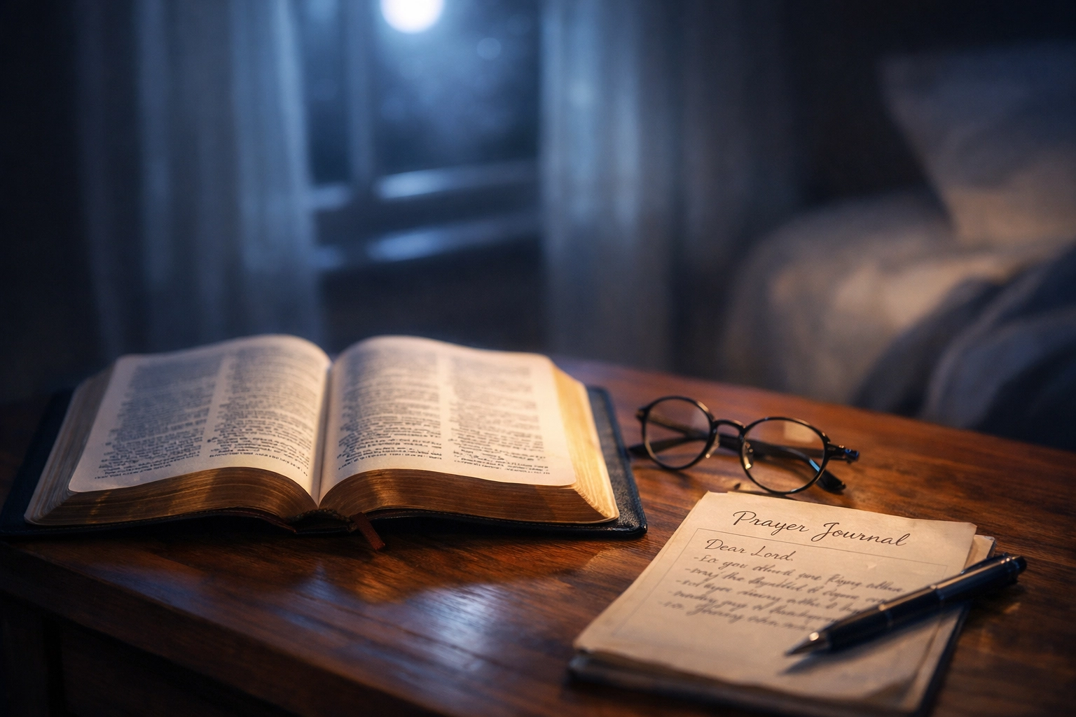 Open Bible with prayer journal on bedside table in moonlight for bedtime reflection