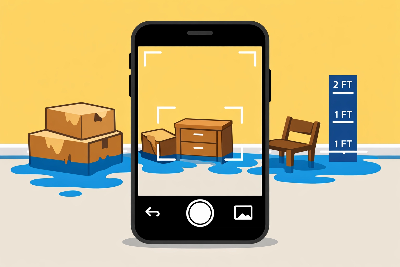 Smartphone documenting flooded basement damage for water damage insurance claim