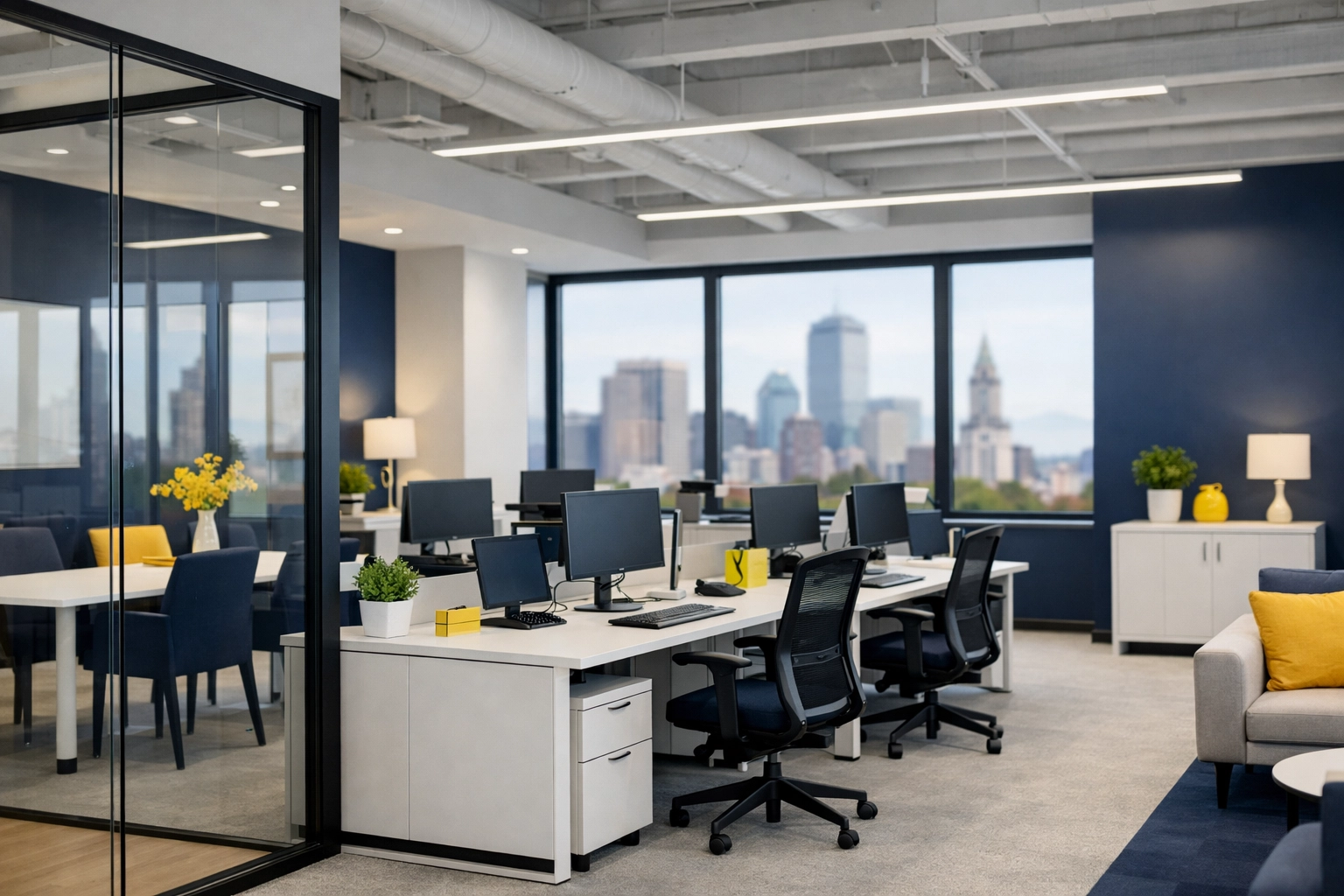 Clean modern open-plan workspace in Boston with dust-free desks and polished glass partitions.