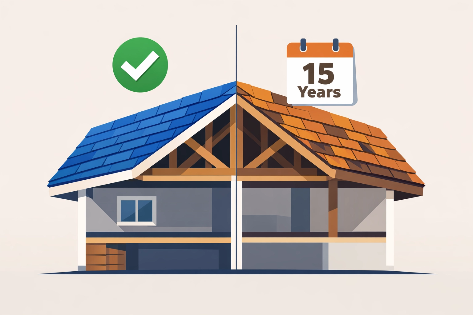 Comparison of new versus 15-year-old roof affecting property insurance coverage terms
