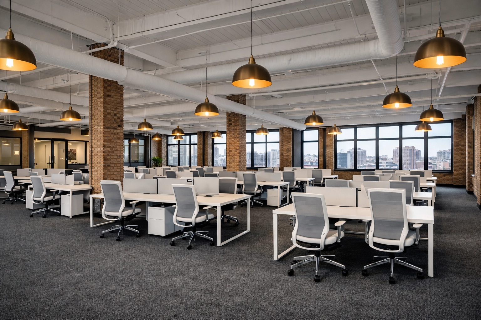 Clean Detroit office workspace with vacuumed carpets and workstations for property managers.