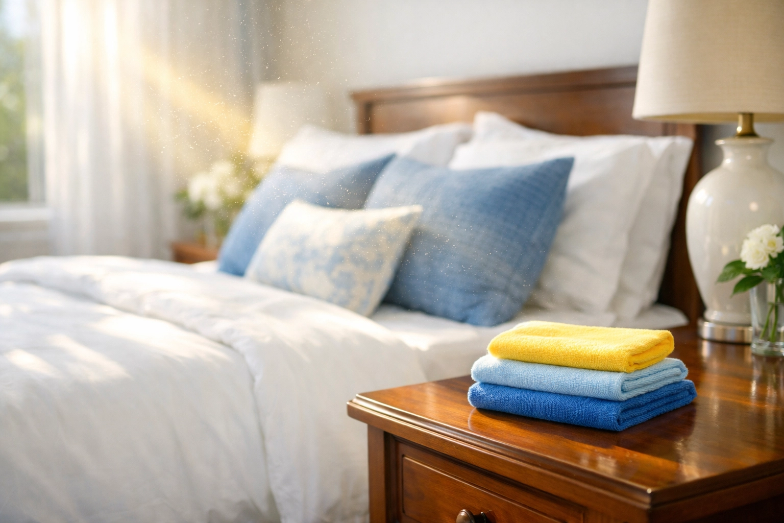 Freshly cleaned bedroom with crisp linens and dust-free air highlighting improved indoor air quality.
