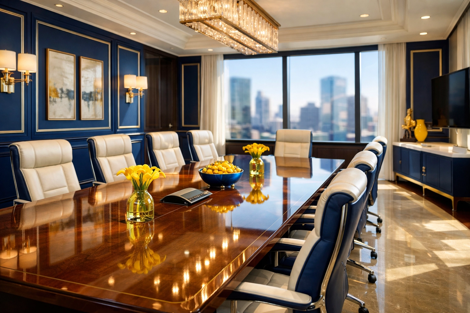 High-end executive conference room in Worcester featuring spotless floors from eco-friendly cleaning.