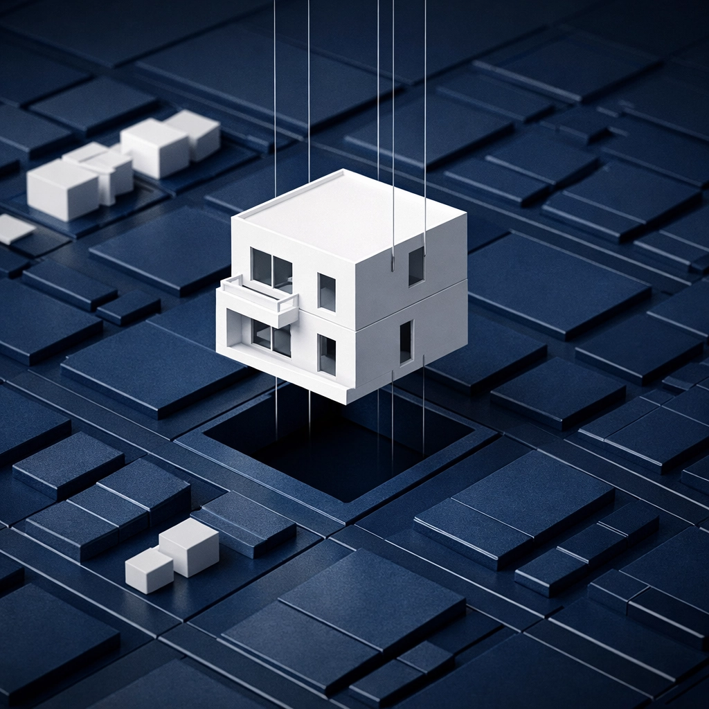 Strategic placement of a house model on an urban grid illustrating professional property portfolio growth.