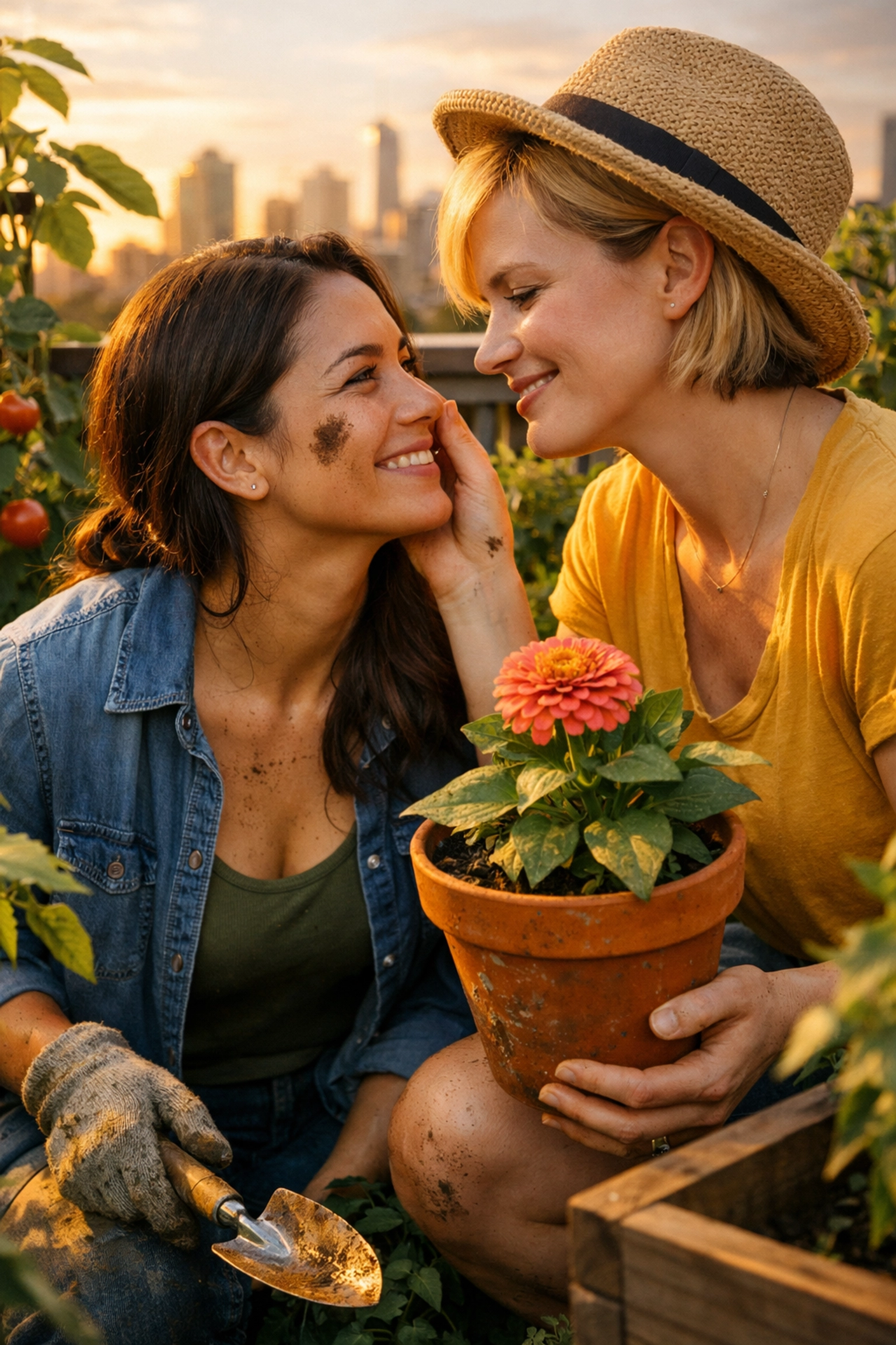 A lesbian couple gardening on a rooftop at sunset, embracing cottagecore aesthetics and queer community building.