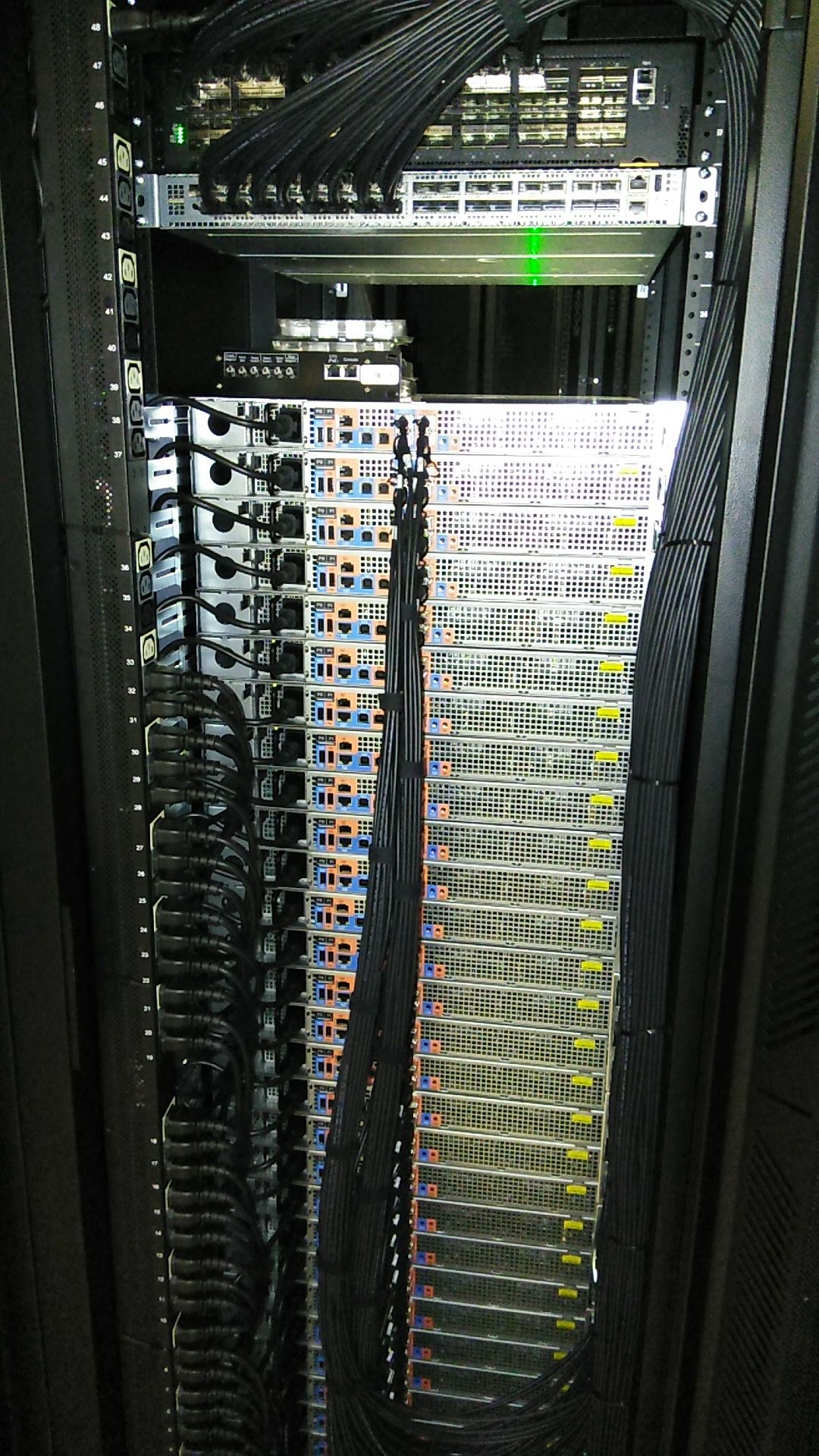 High-density server rack with organized cabling