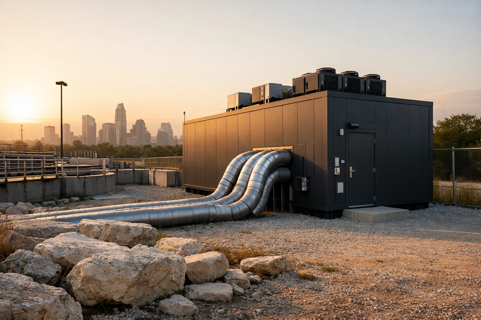 Modular AI data center unit integrated at an Austin wastewater treatment plant with the city skyline background.