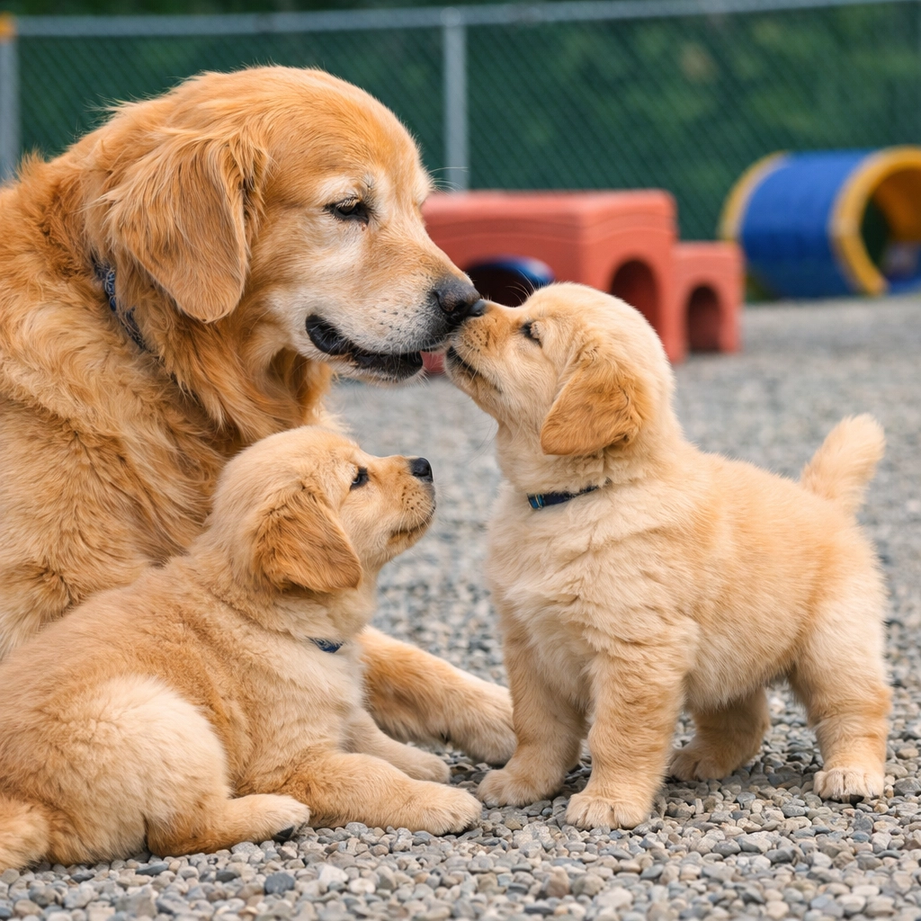 Senior dog and puppies socializing at Green Acres K-9 Resort, the best dog boarding in Boring Oregon.