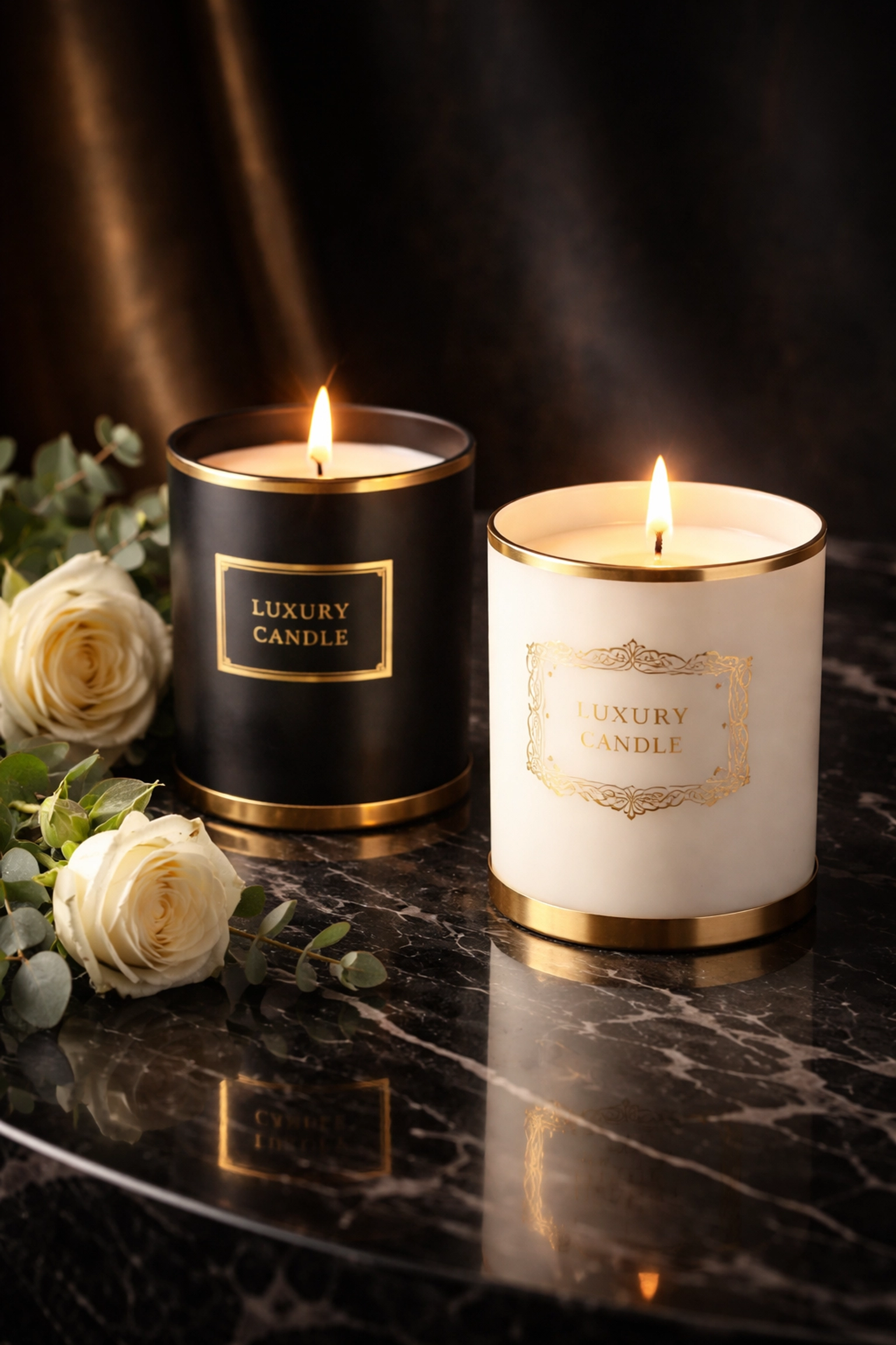 Two elegant luxury candles with gold accents on a marble surface, creating a sophisticated ambiance