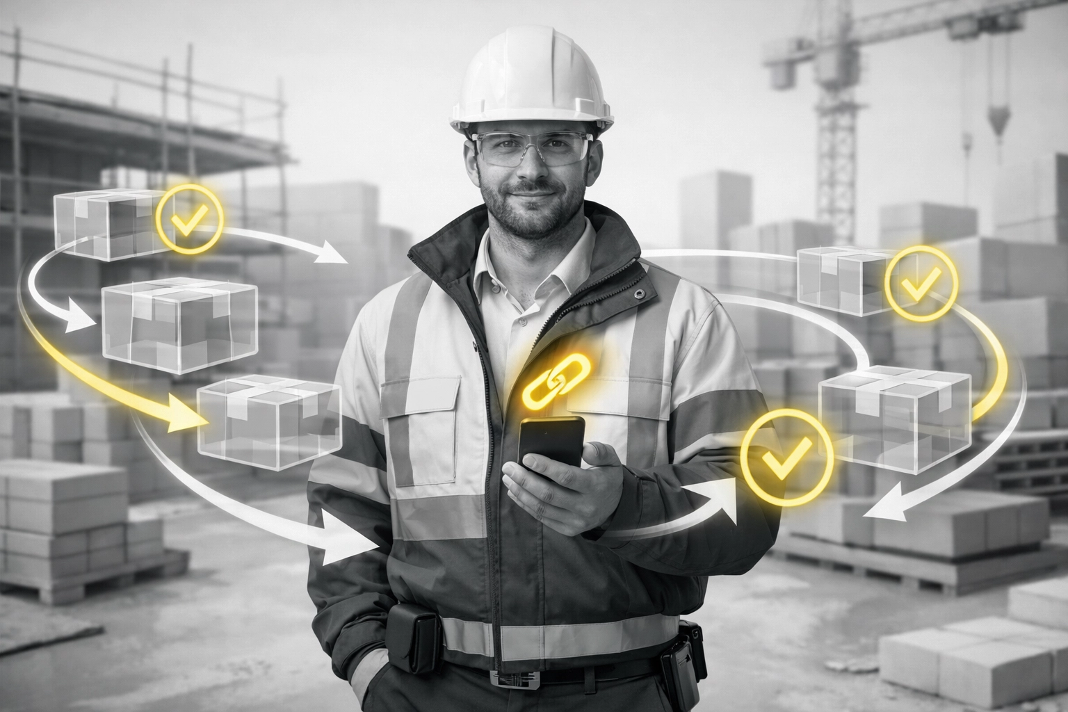 Construction site manager using simple mobile link for efficient supplier management and deliveries
