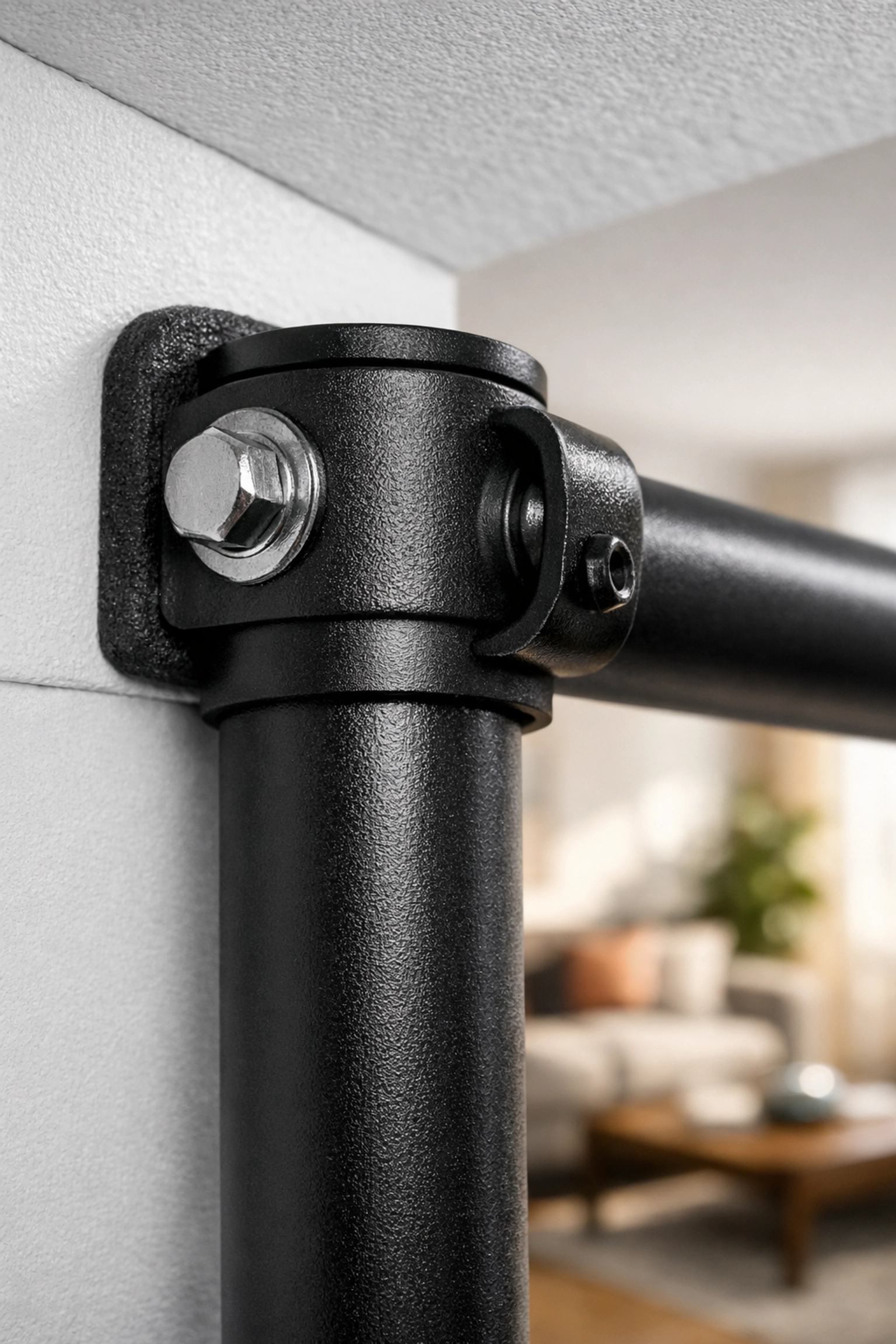 Close-up of a no wall damage workout system showing secure, non-destructive ceiling mounting hardware.