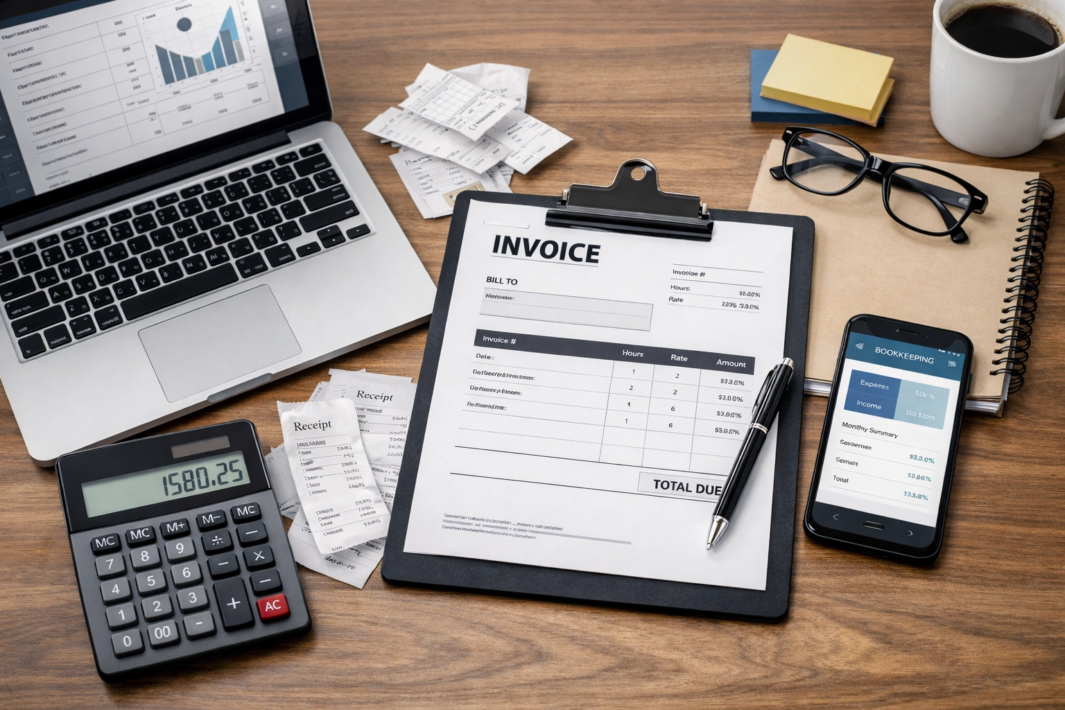 Generic accounting-themed desk with laptop, calculator, and financial paperwork